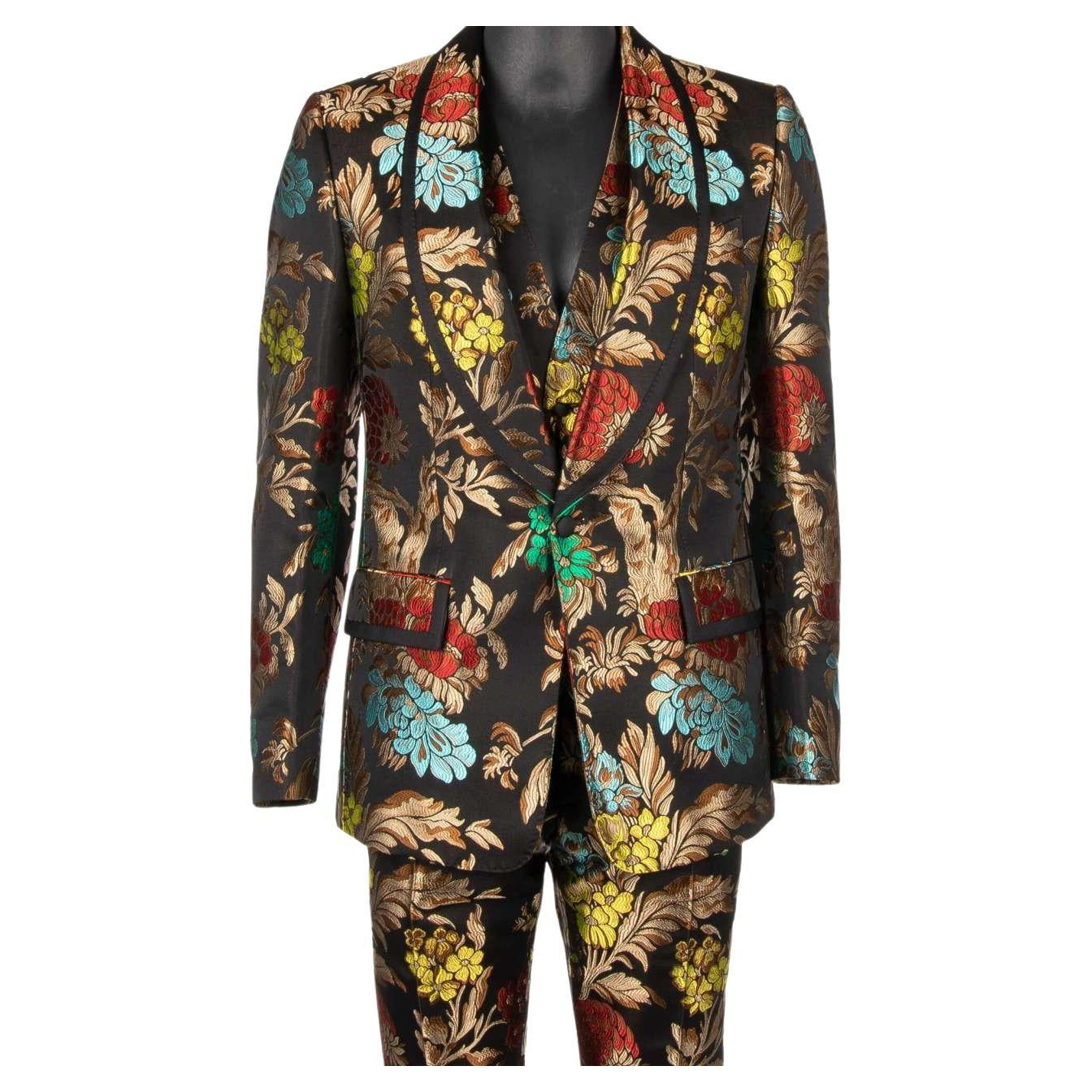 Dolce & Gabbana - Flower Jacquard Suit Jacket Waistcoat Black Blue Red 50 For Sale