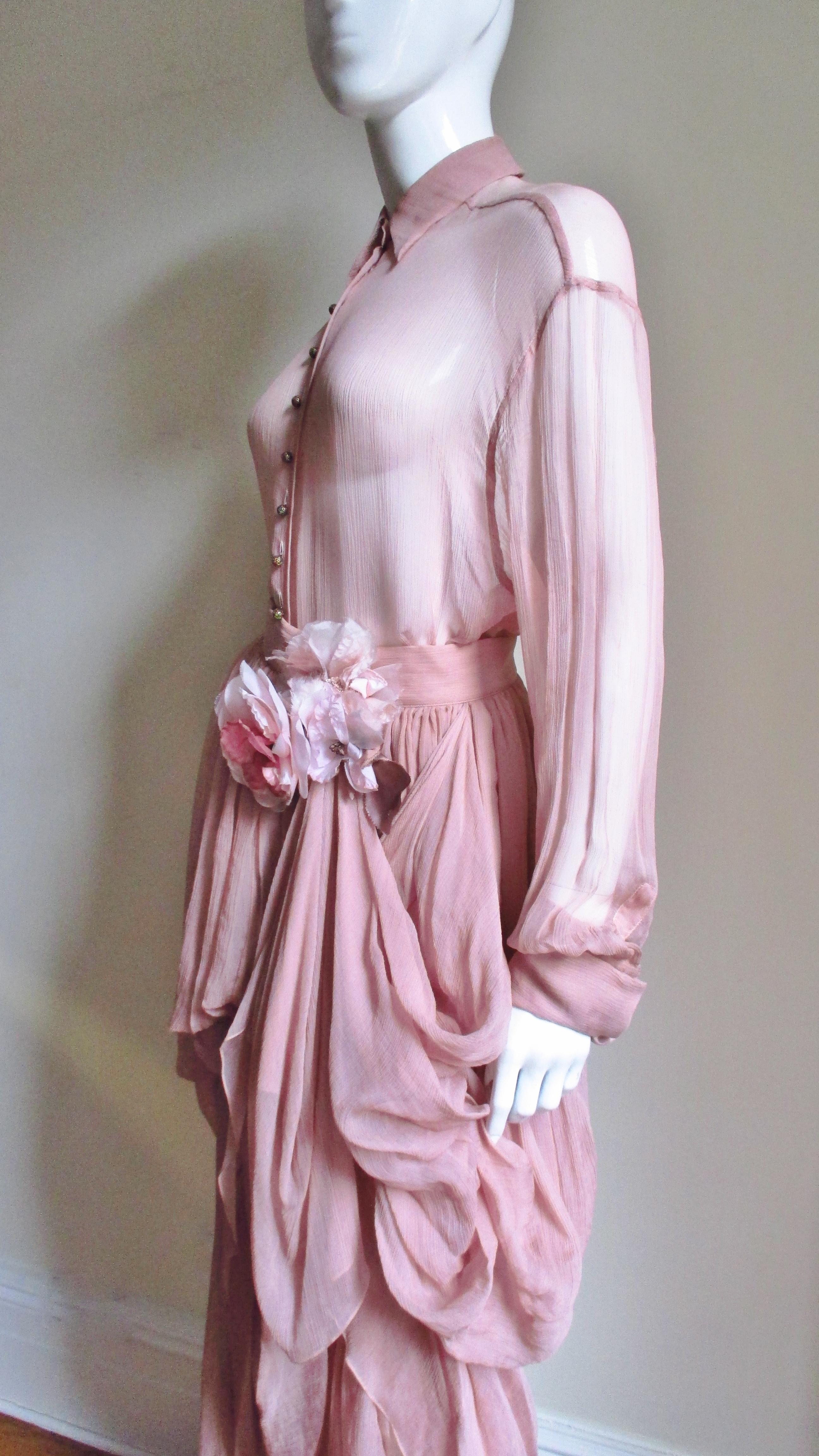Dolce & Gabbana Flower Silk Drape Skirt with Flower and Sheer Shirt For Sale 5
