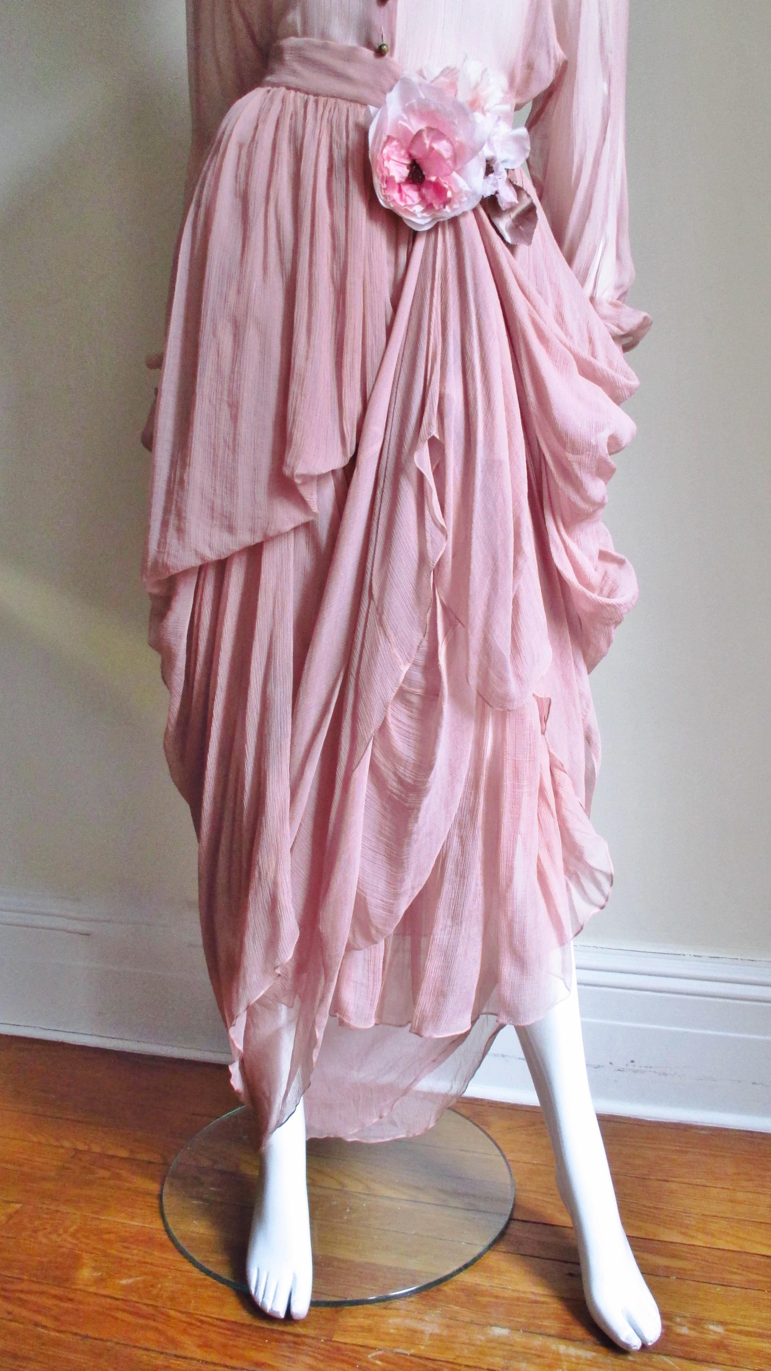 Dolce & Gabbana Flower Silk Drape Skirt with Flower and Sheer Shirt For Sale 1