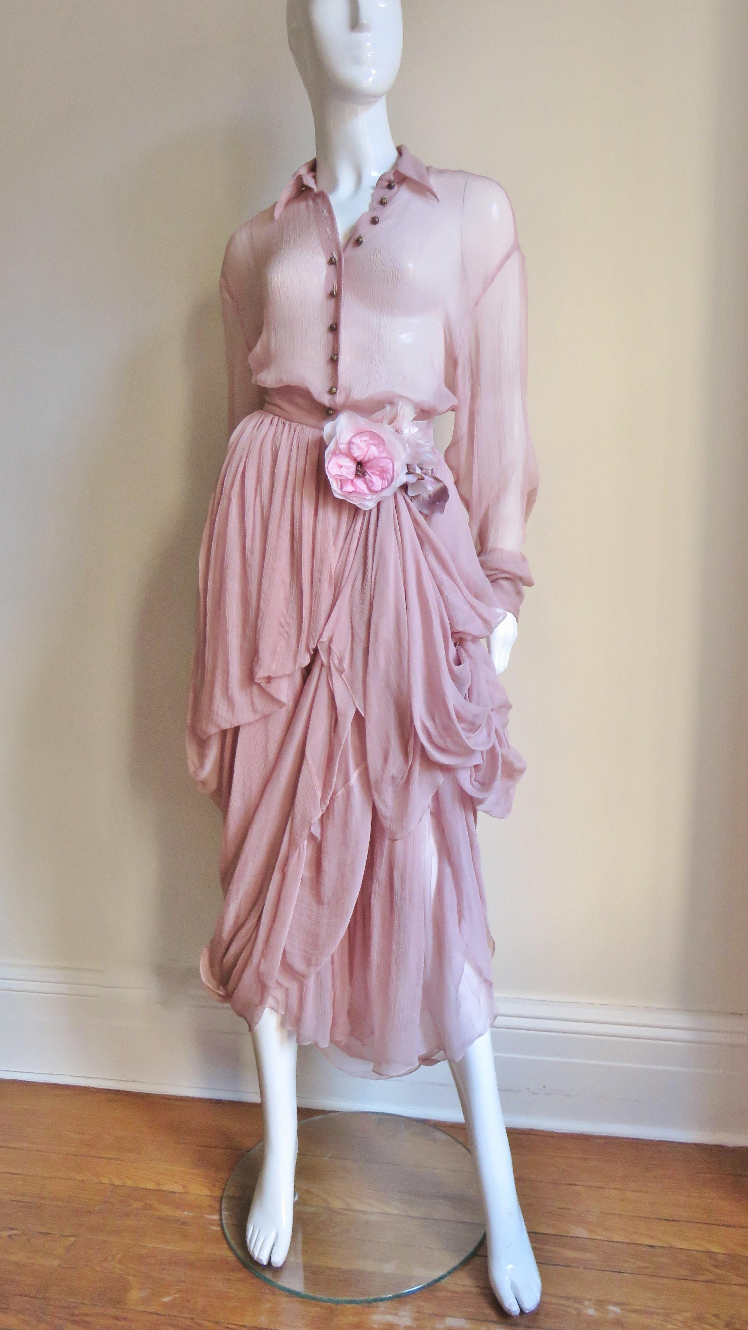 Dolce & Gabbana Flower Silk Drape Skirt with Flower and Sheer Shirt For Sale 3