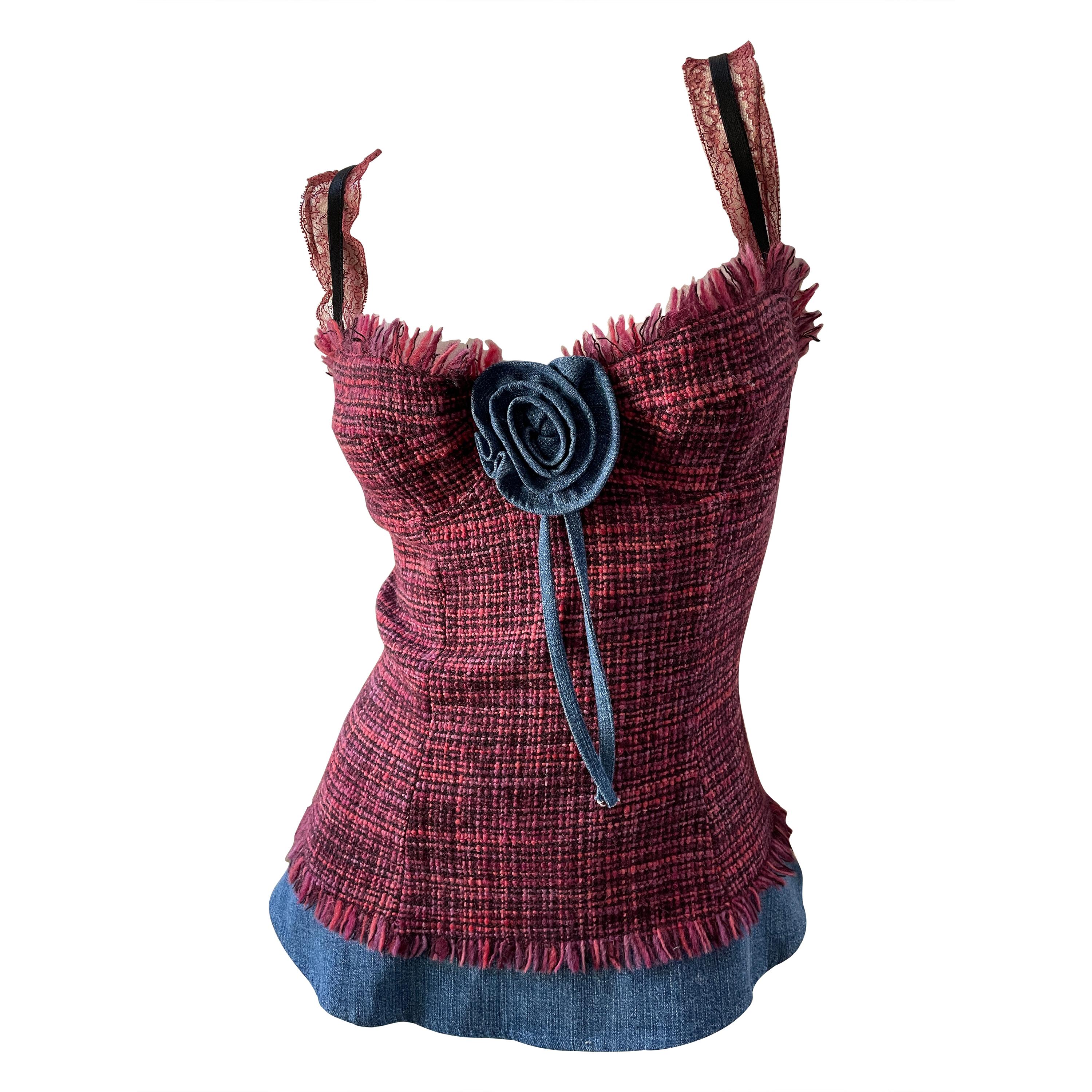 Dolce & Gabbana for D&G Fringed Tweed Corset Top with Denim Trim For Sale