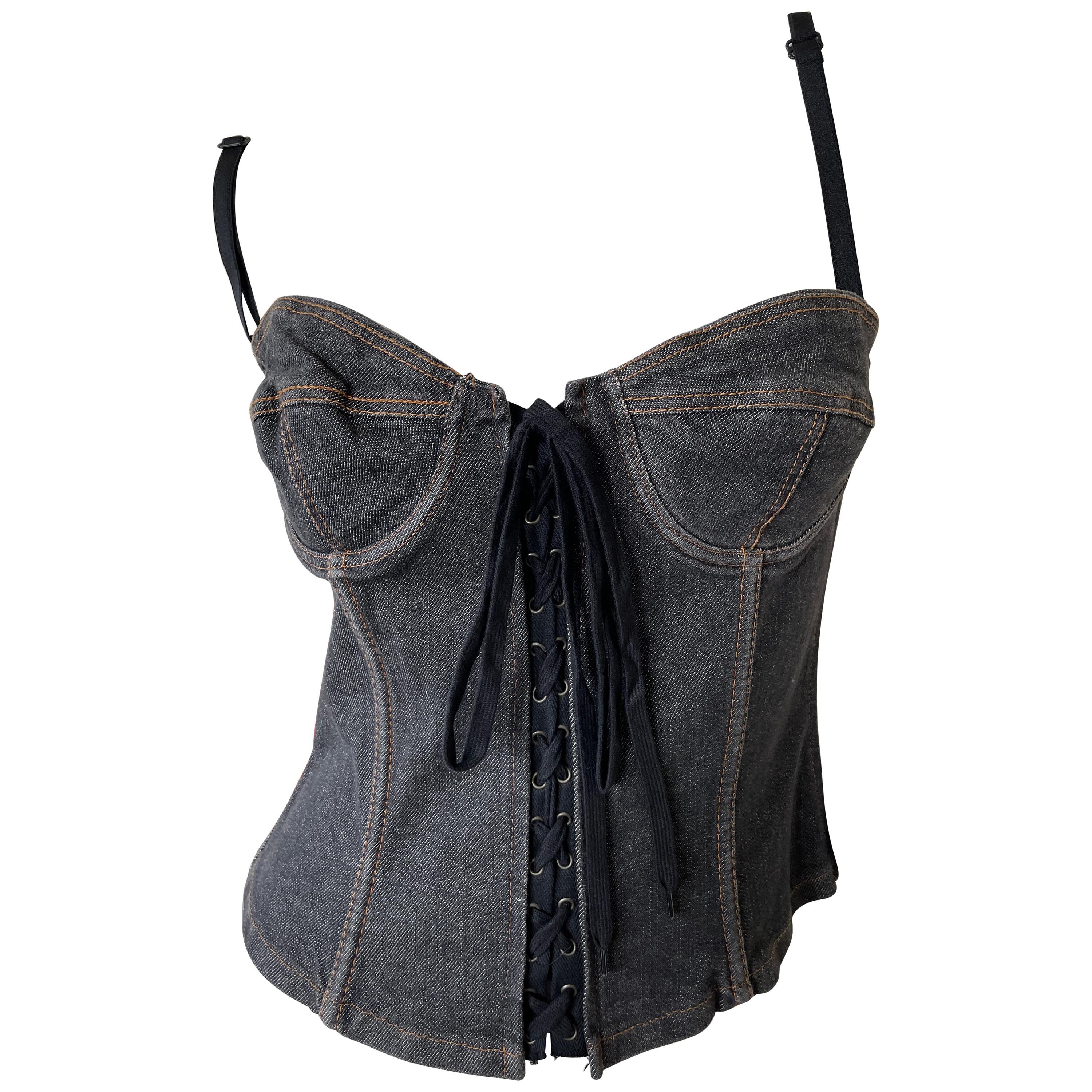 Dolce & Gabbana for D&G Sexy Gray Denim Corset with Lace Up Details. For Sale