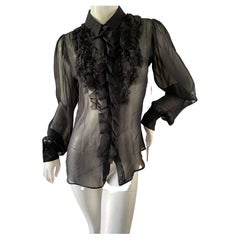 Dolce & Gabbana for D&G Sheer Black Silk Ruffle Trim Tuxedo Blouse