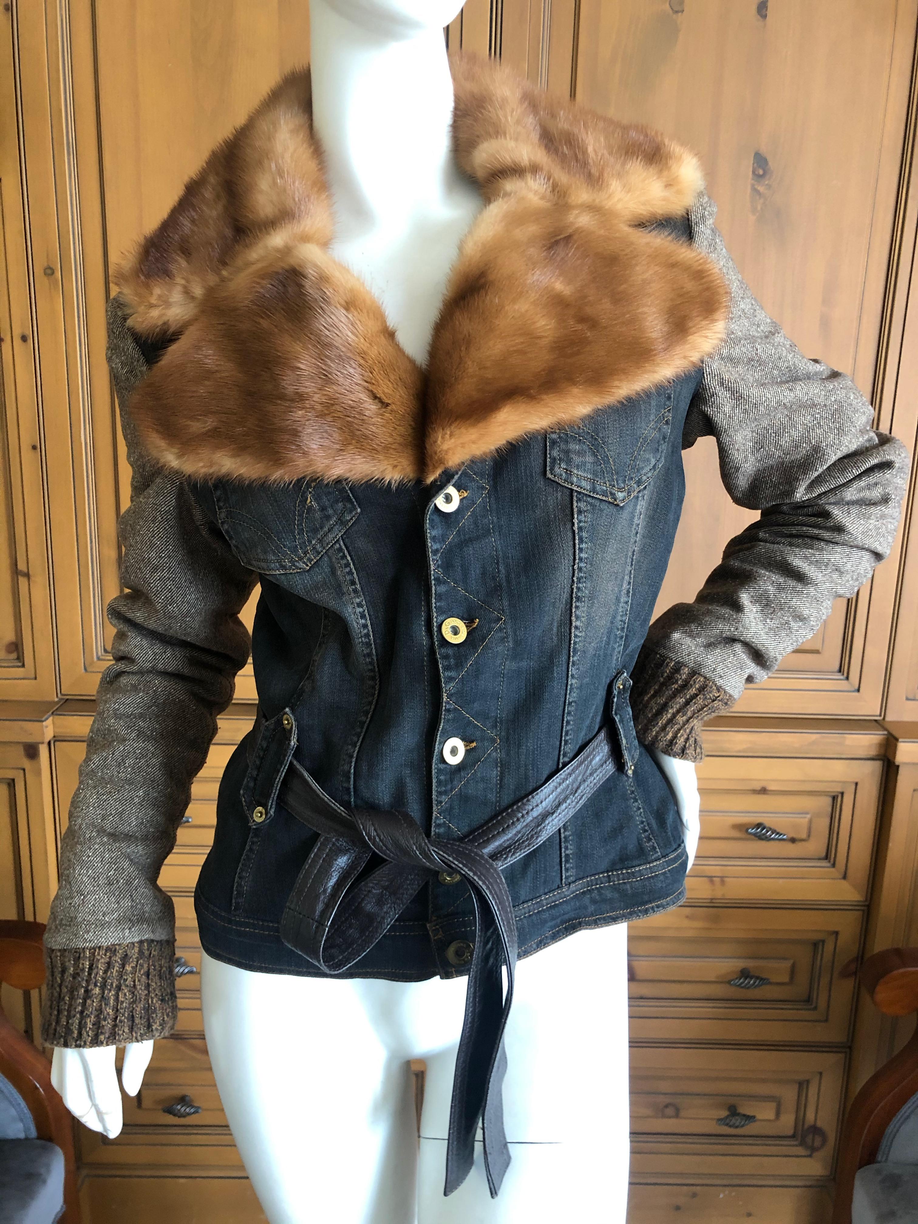 Dolce & Gabbana for D&G Vintage Belted Denim Jacket with Detachable Mink Collar For Sale 5