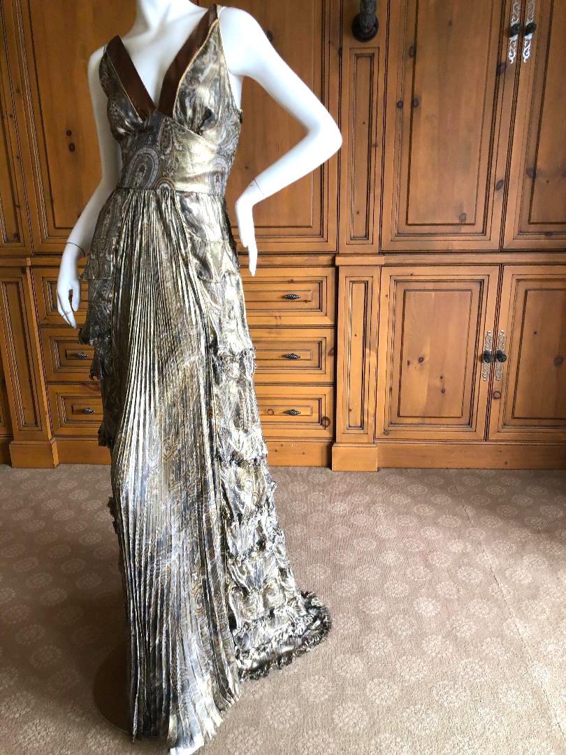 Black Dolce & Gabbana for D&G Vintage Gold Paisley Silk Pleated and Ruffled Gown   For Sale