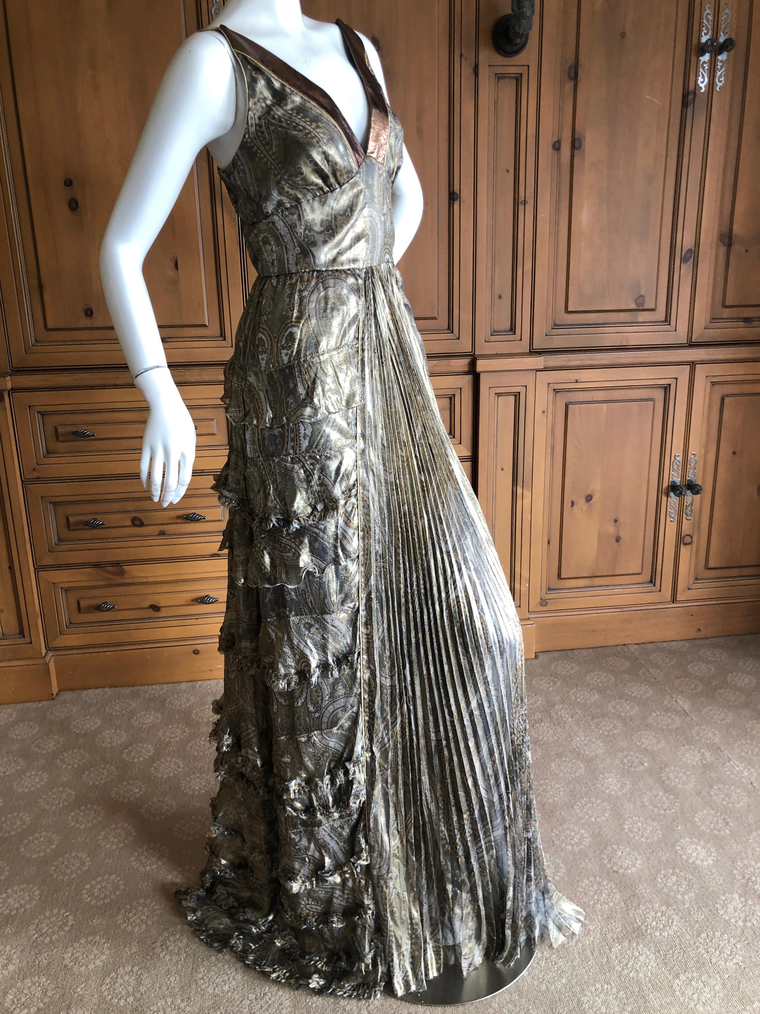 Dolce & Gabbana for D&G Vintage Gold Paisley Silk Pleated and Ruffled Gown   In Excellent Condition For Sale In Cloverdale, CA