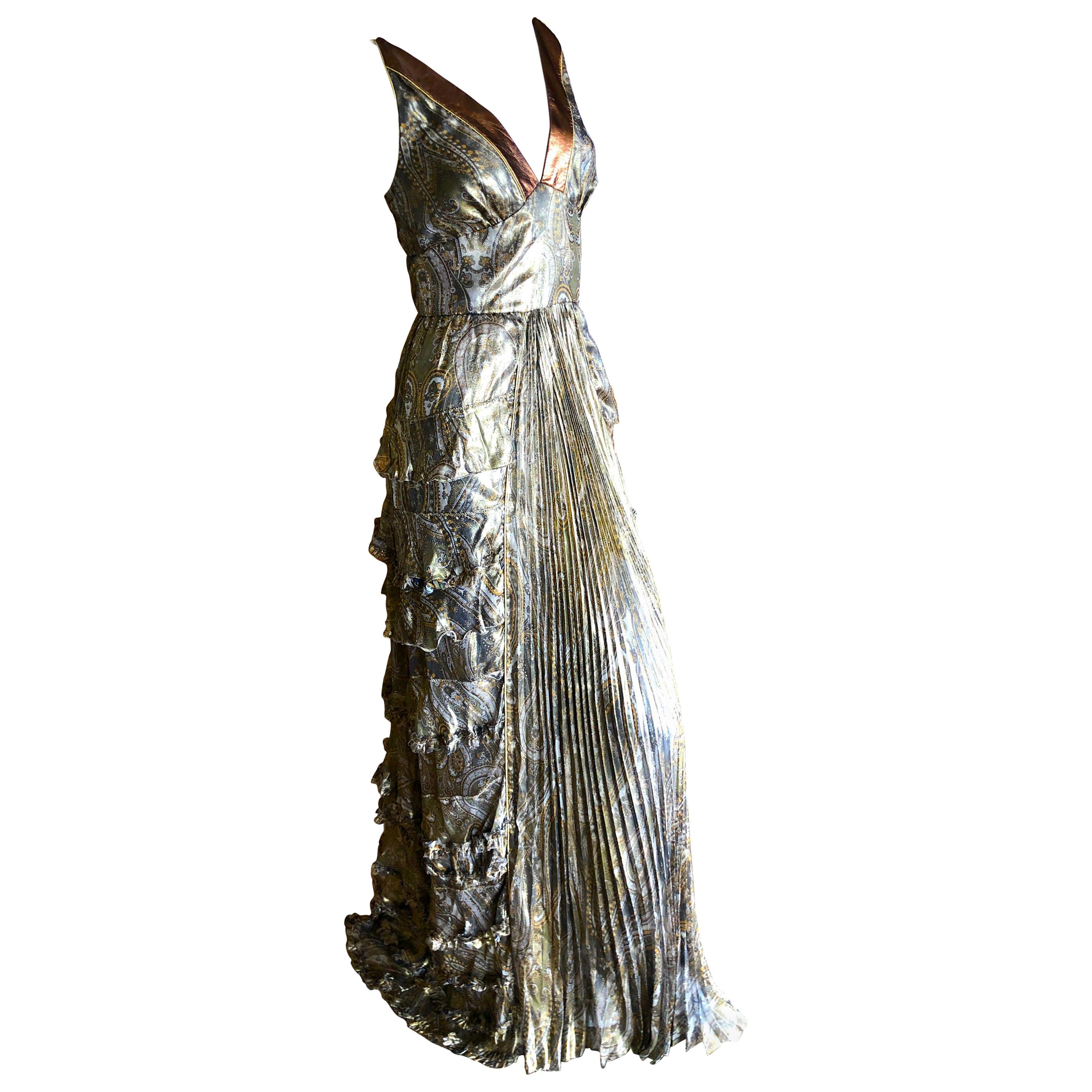 Dolce & Gabbana for D&G Vintage Gold Paisley Silk Pleated and Ruffled Gown   For Sale