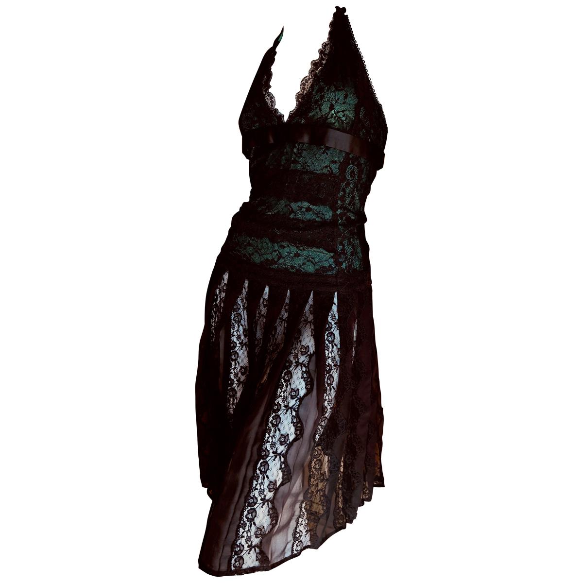 Dolce & Gabbana for D&G Vintage Sheer Black and Green Lace Cocktail Dress  For Sale