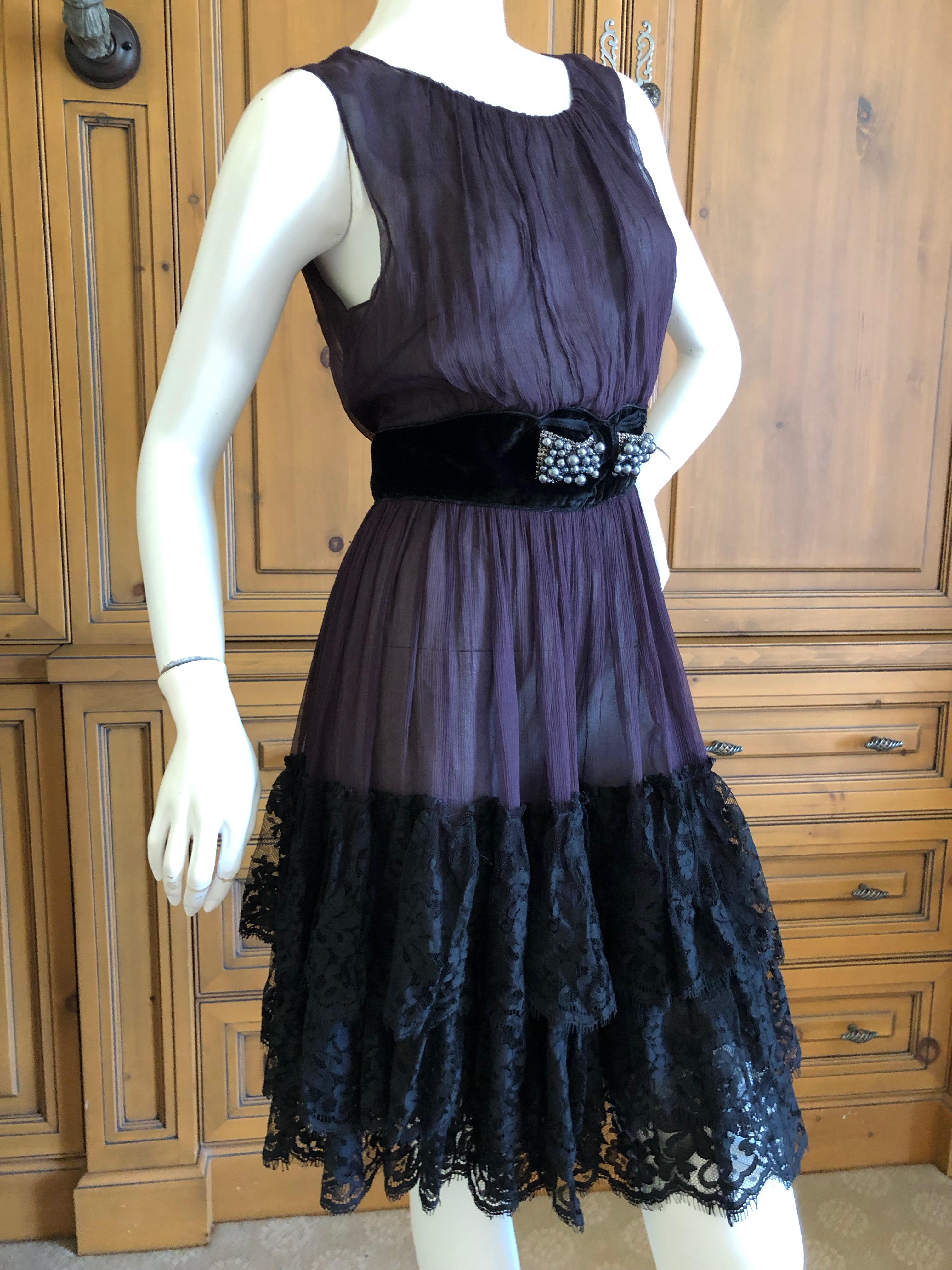 Black Dolce & Gabbana for D&G Vintage Sheer Tiered Silk Lace Dress with Pearl Accents For Sale