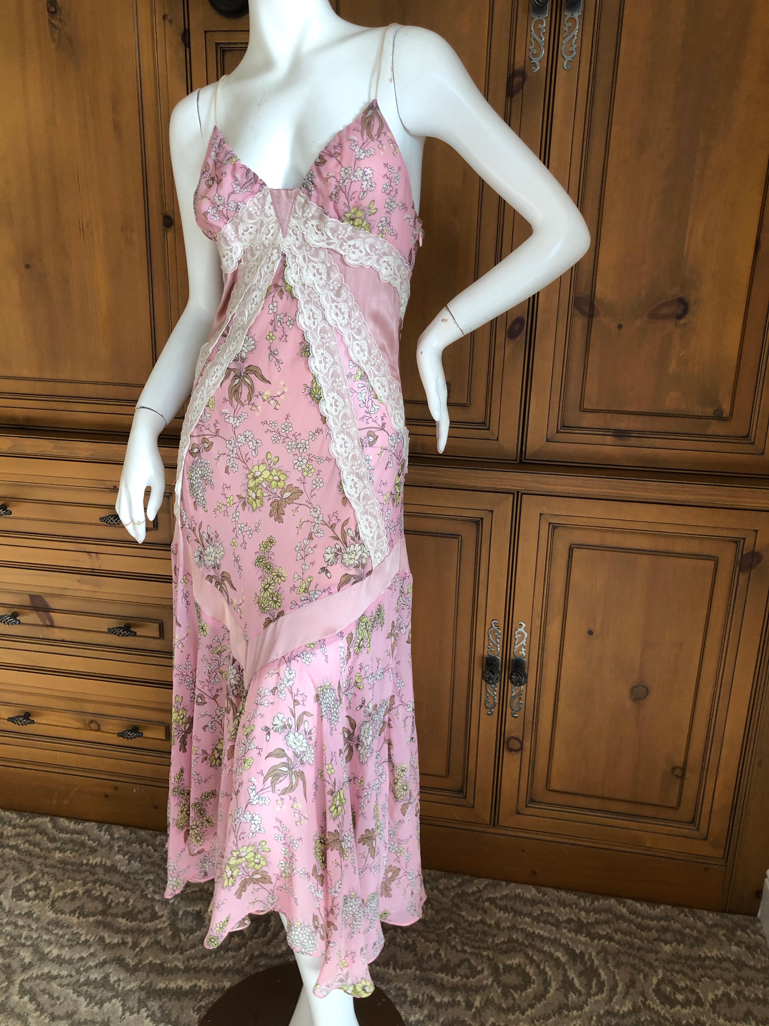 Dolce & Gabbana for D&G Vintage Silk Pink Lace Trim Dress.
This is so pretty, please use the zoom to see details.
  There is  a lot of stretch in the silk.
Size 44
Bust 36