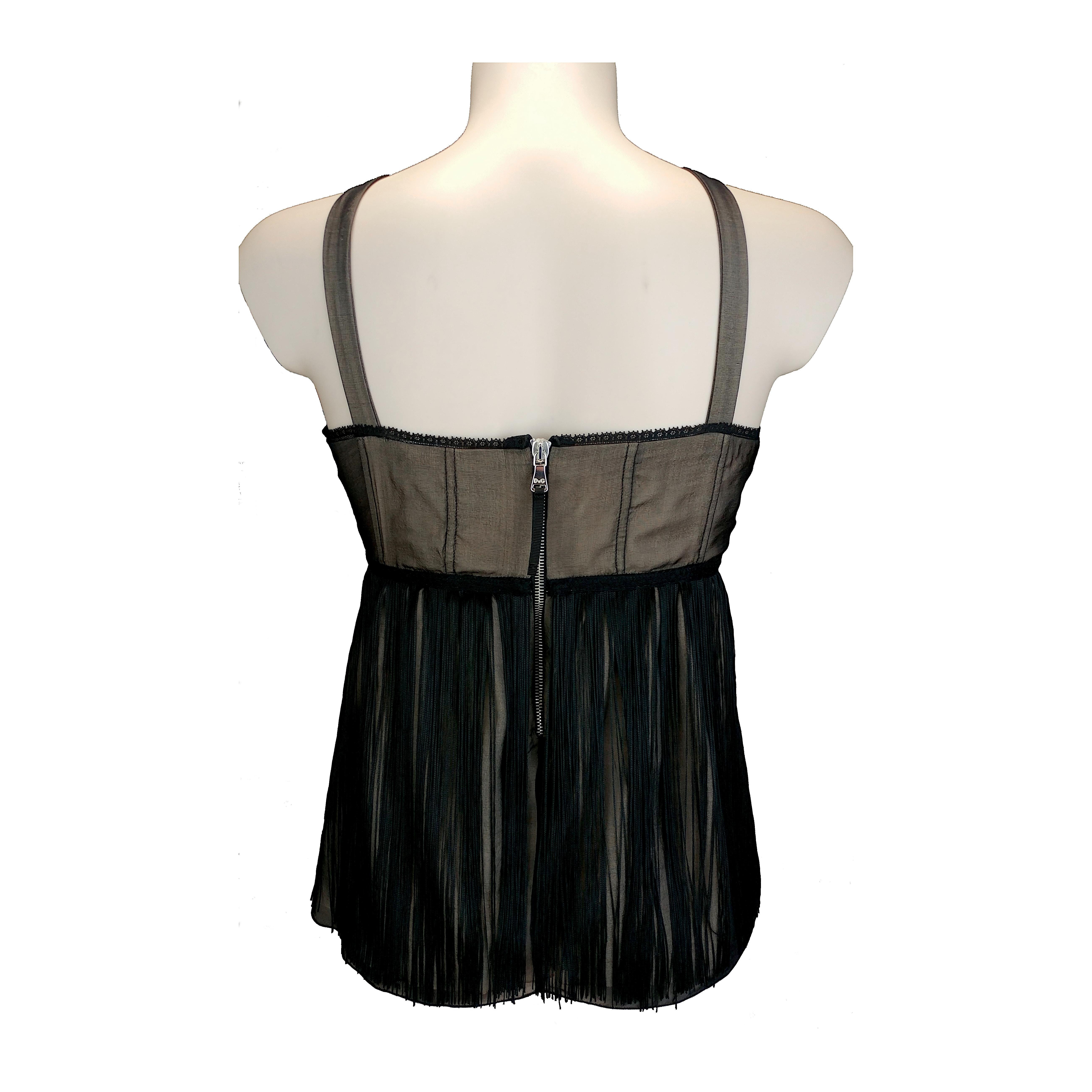 DOLCE & GABBANA Fringed Black Sleeveless Silk Top with Bow New with Tags Size 4 In New Condition In Cuggiono, MI