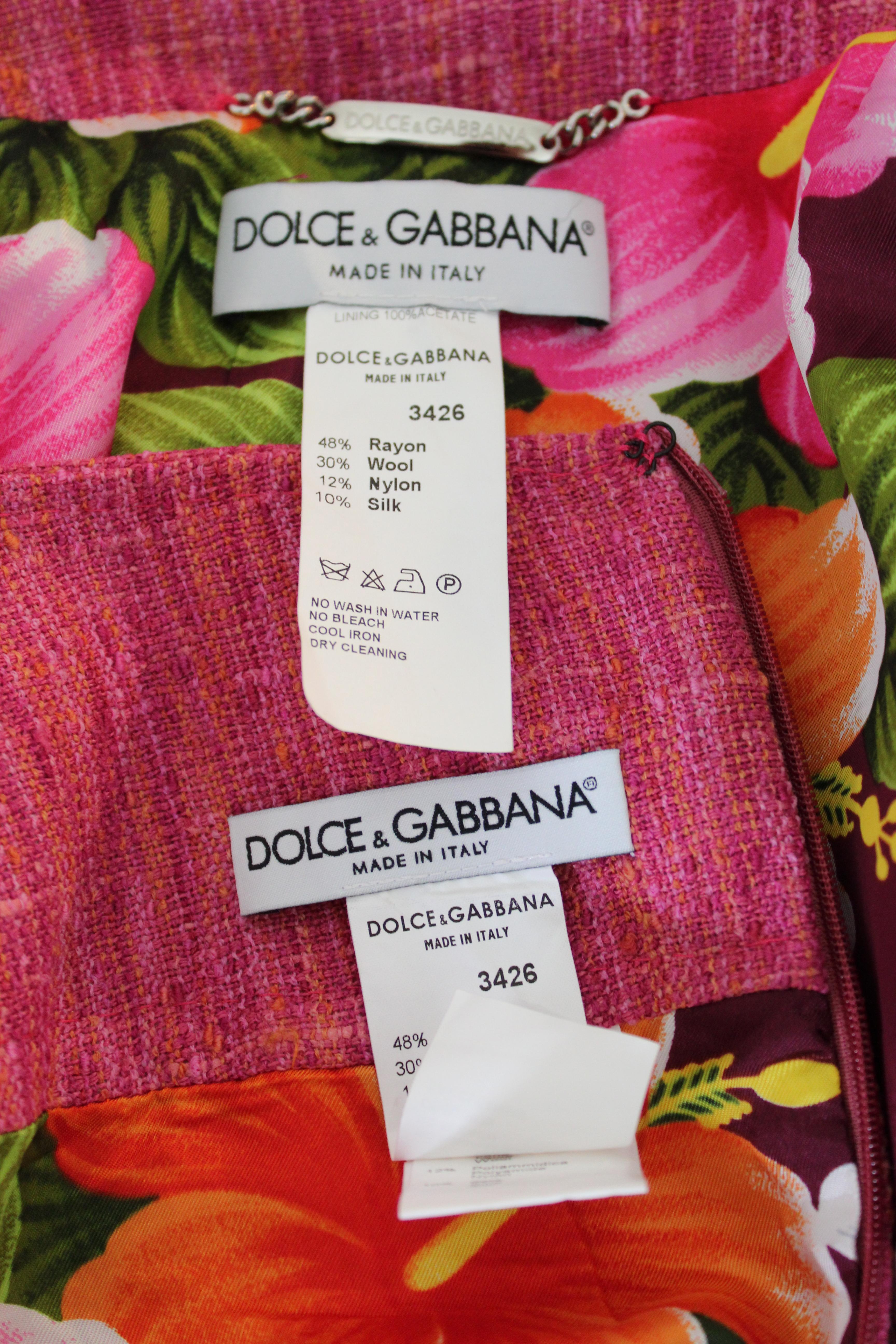 Dolce Gabbana Fuchsia and Orange Wool Silk Skirt Suit Dress Coat 1990s Floral 4