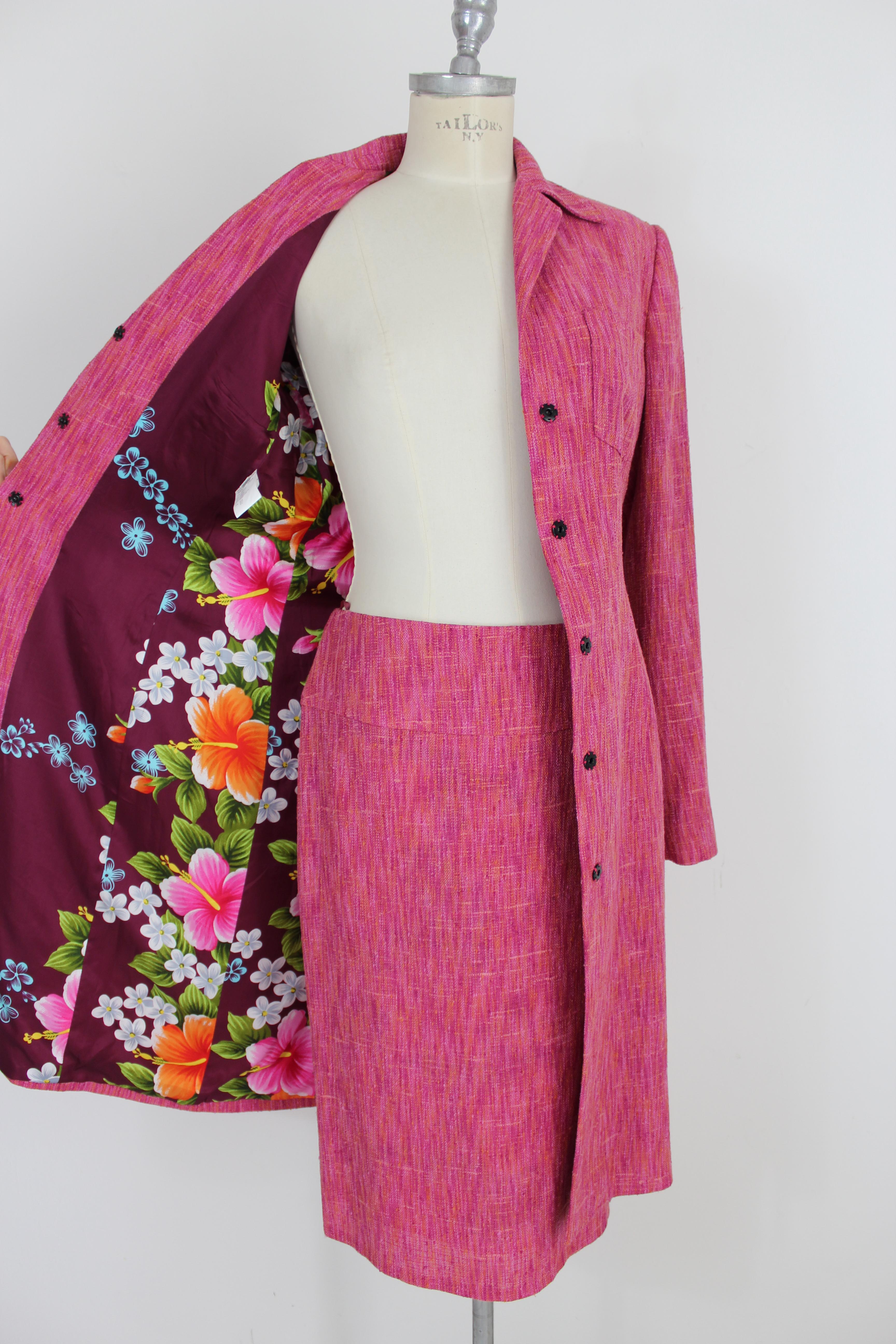 Pink Dolce Gabbana Fuchsia and Orange Wool Silk Skirt Suit Dress Coat 1990s Floral