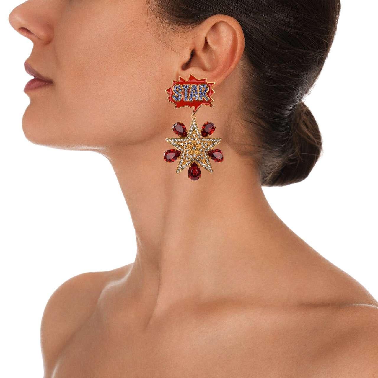 Dolce & Gabbana - Fumetti Cartoons Crystal Star Clip Earrings Gold Red Blue In Excellent Condition For Sale In Erkrath, DE
