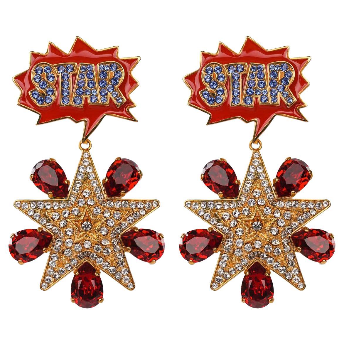 Dolce & Gabbana - Fumetti Cartoons Crystal Star Clip Earrings Gold Red Blue For Sale