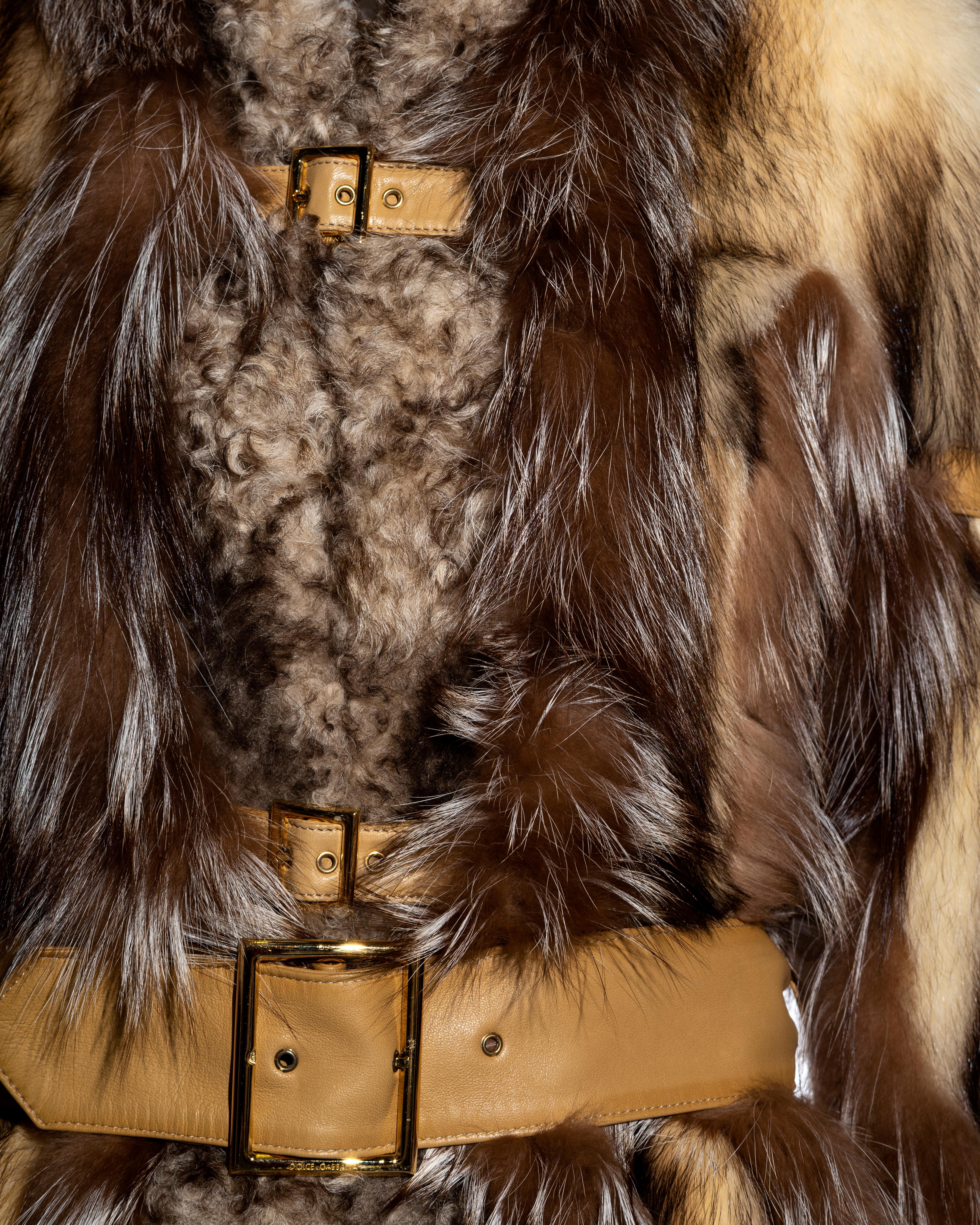 Brown Dolce & Gabbana fur and shearling jacket with multiple leather belts, fw 2001 For Sale