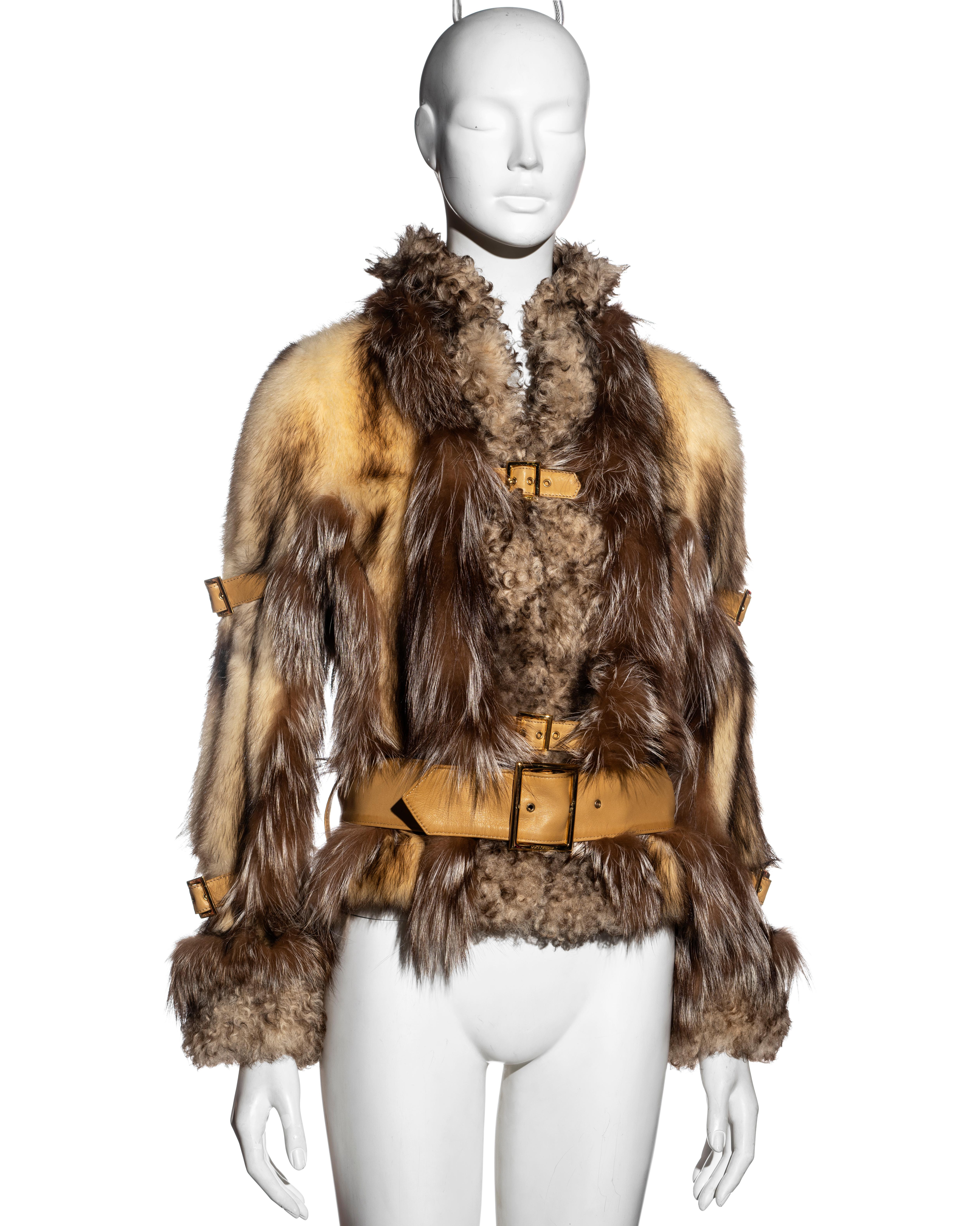 Dolce & Gabbana fur and shearling jacket with multiple leather belts, fw 2001 In Excellent Condition For Sale In London, GB