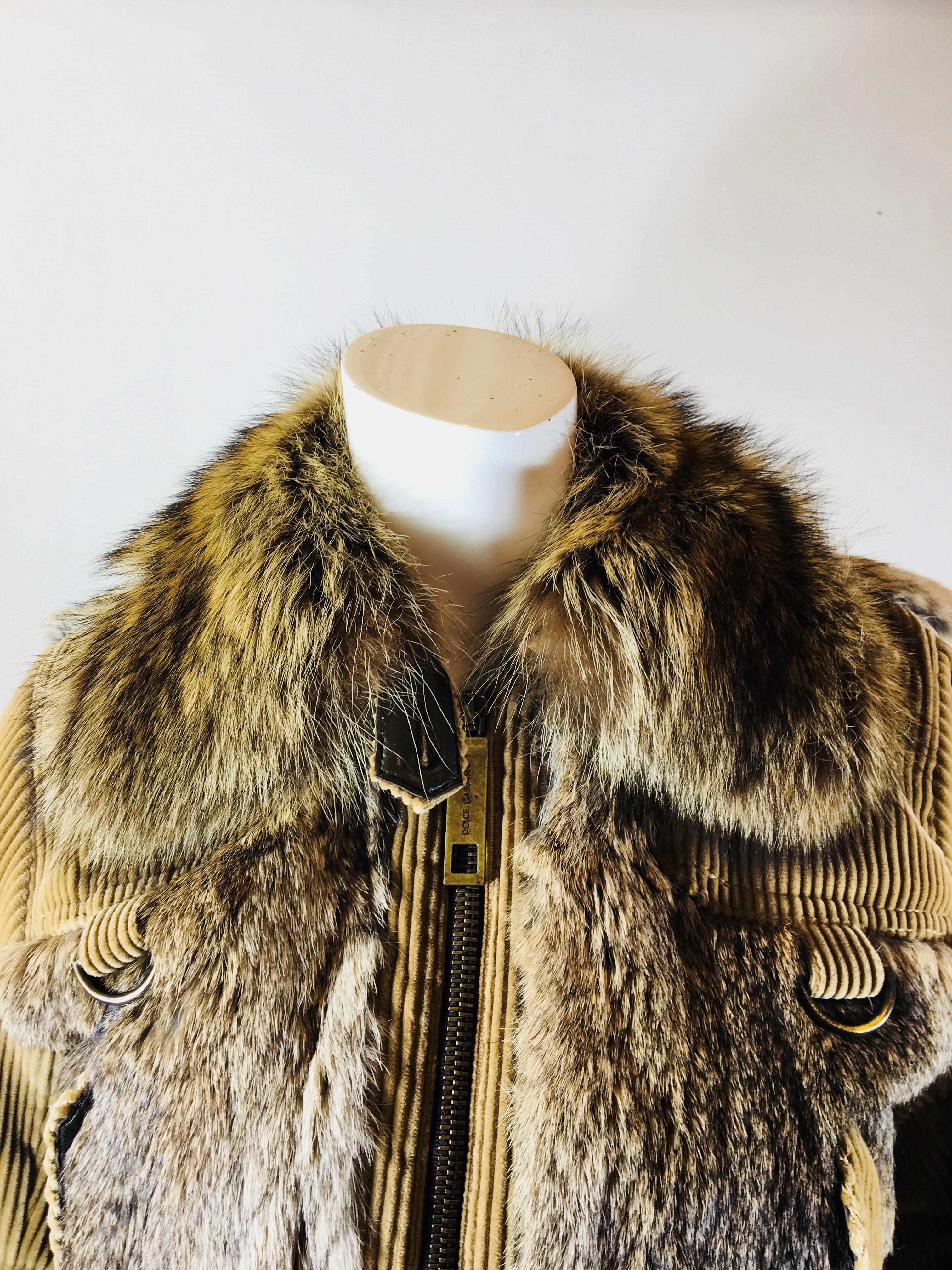 Dolce & Gabbana Zipper Closure Fur & Corduroy Bomber Jacket with Rabbit Fur Collar