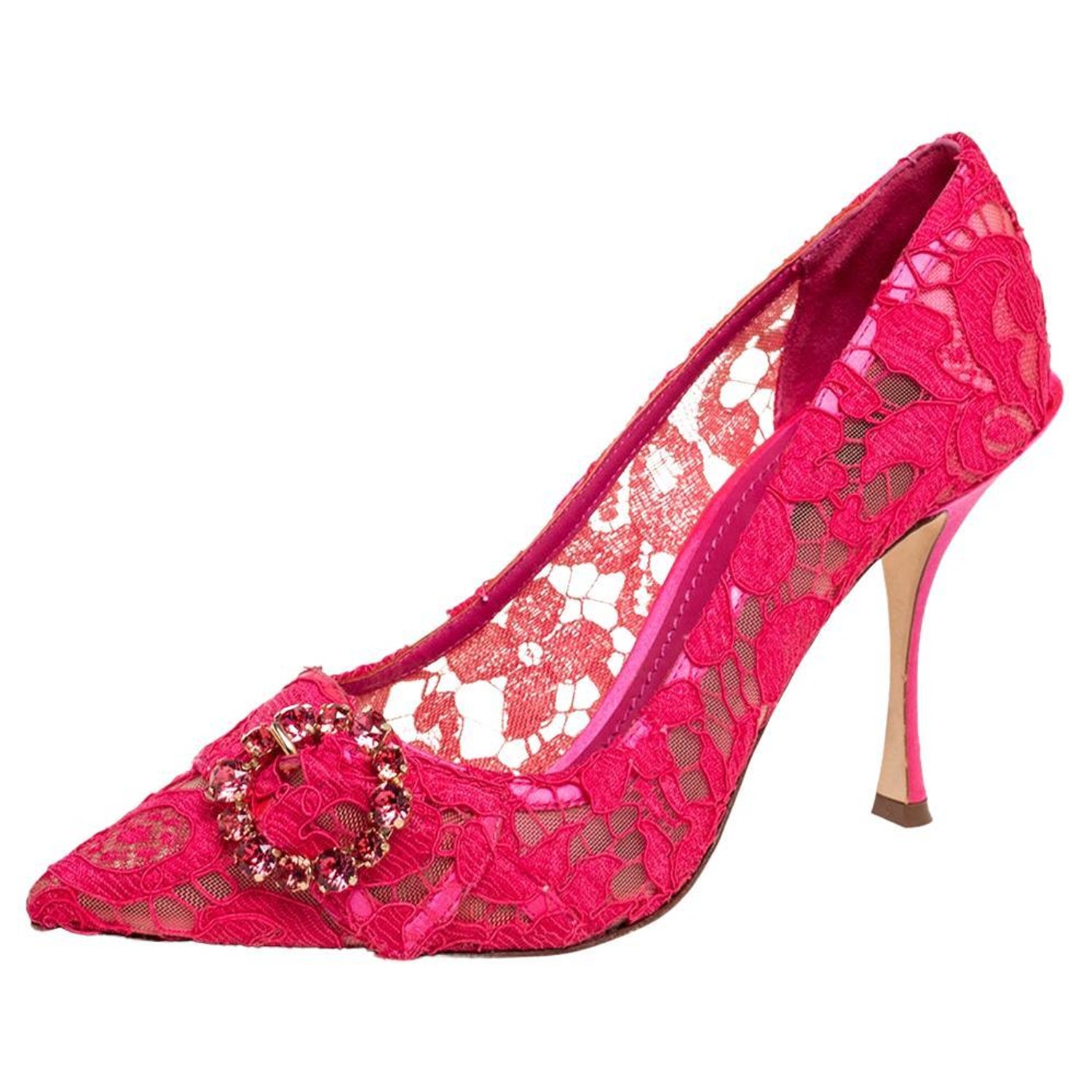 Dolce and Gabbana Fuschia Pink Lace Crystal Buckle Pointed-Toe Pumps Size  38 at 1stDibs