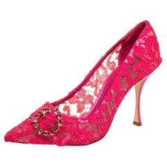 Dolce & Gabbana Fuschia Pink Lace Crystal Buckle Pointed-Toe Pumps Size 38