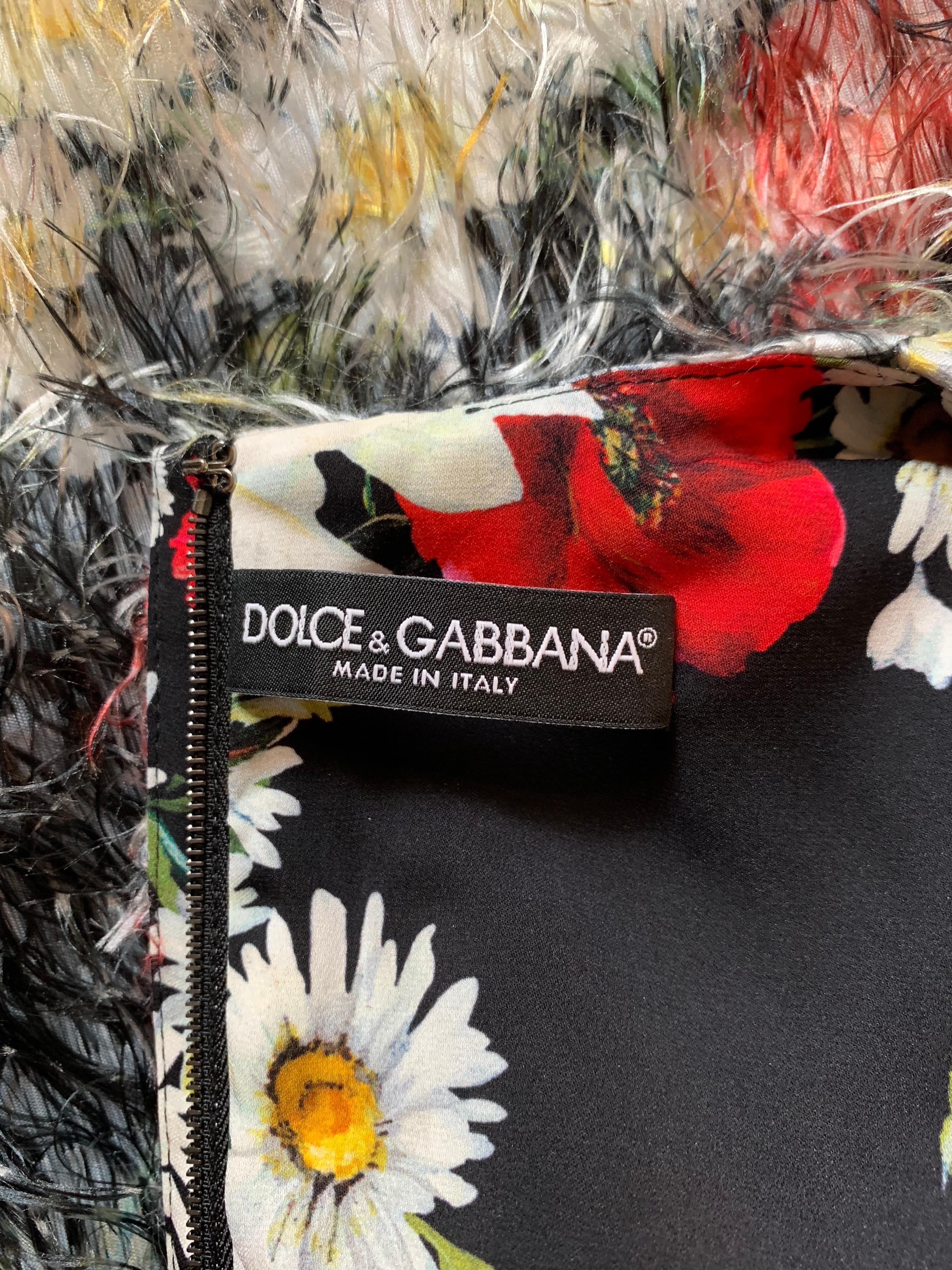 Brown Dolce & Gabbana Fuzzy Red and Black Floral Fringe Sleeveless A-Line Shift Dress