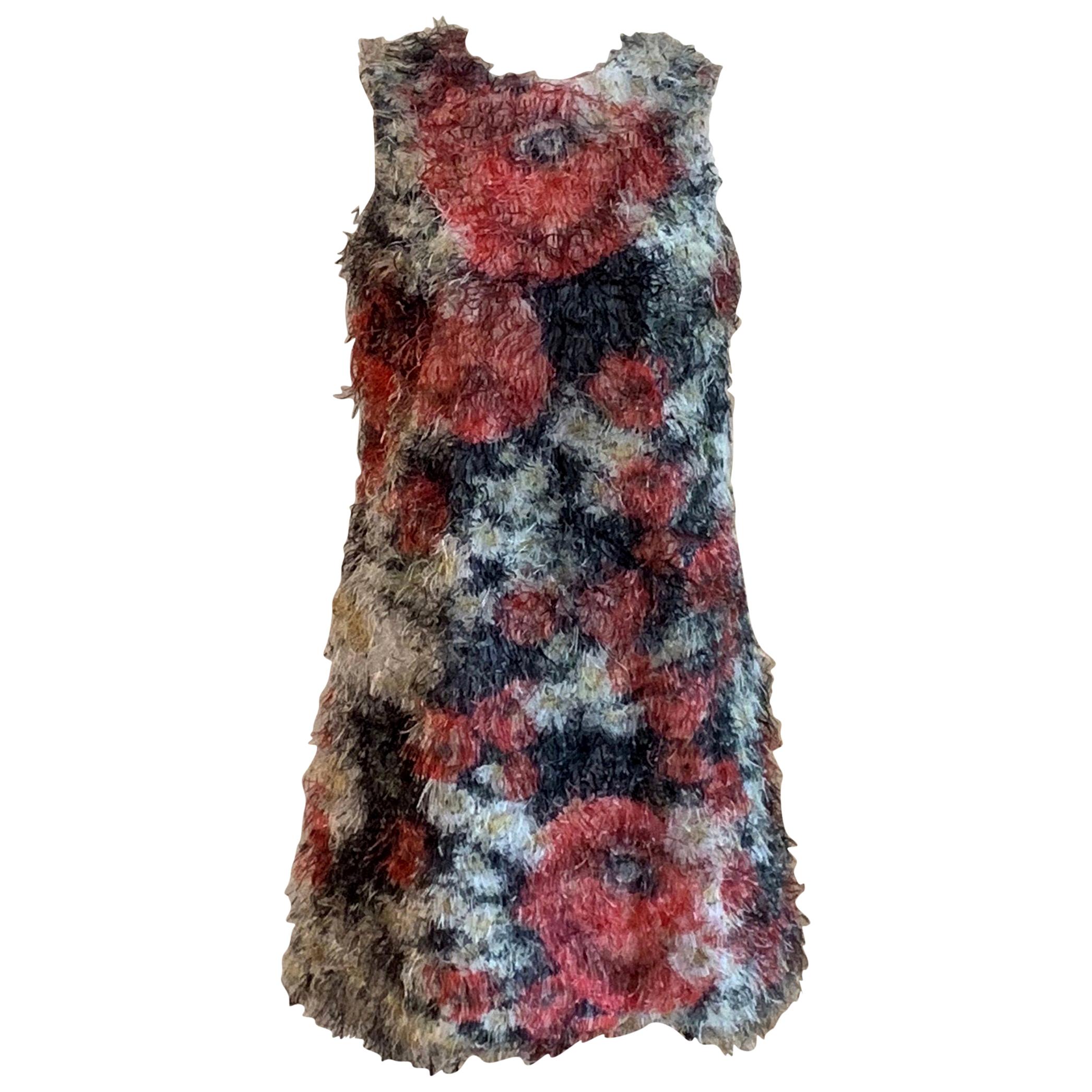 Dolce & Gabbana Fuzzy Red and Black Floral Fringe Sleeveless A-Line Shift Dress