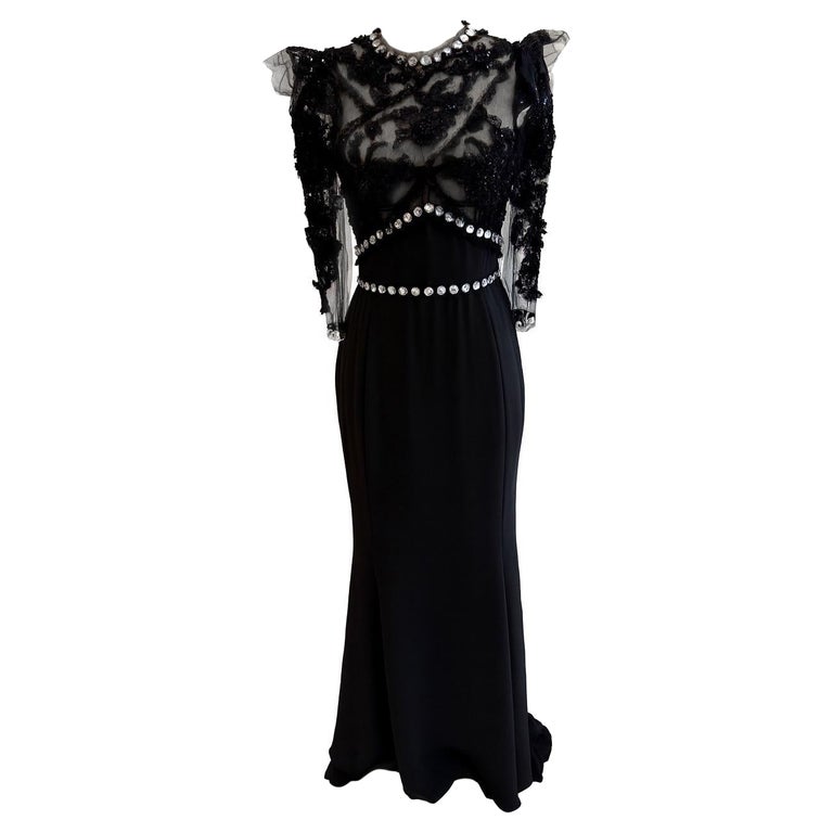 Dolce and Gabbana FW 2010 Runway Black Evening Gown w/ Crystal Trim IT 38  For Sale at 1stDibs