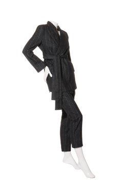 Dolce & Gabbana FW16 Charcoal Alpaca-Blend Pinstripe Belted Pantsuit, IT 40