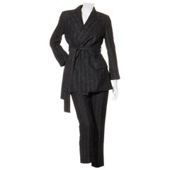 Dolce & Gabbana FW16 Charcoal Alpaca-Blend Pinstripe Belted Pantsuit, IT 40