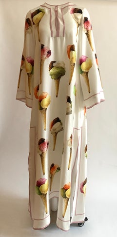 Dolce & Gabbana Gelato Ice Cream Print White Silk Maxi Kaftan Dress Long Sleeve
