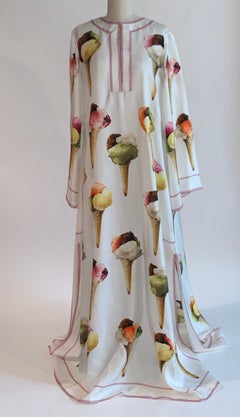 Dolce & Gabbana Gelato Ice Cream Print White Silk Maxi Kaftan Dress Long Sleeve