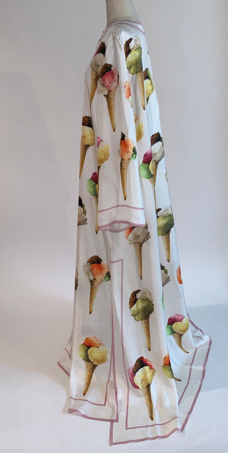 Dolce and Gabbana Gelato Ice Cream Print White Silk Maxi Kaftan Dress