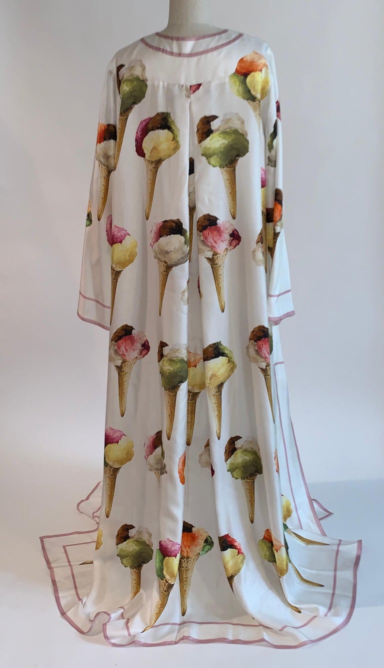 Dolce and Gabbana Gelato Ice Cream Print White Silk Maxi Kaftan Dress