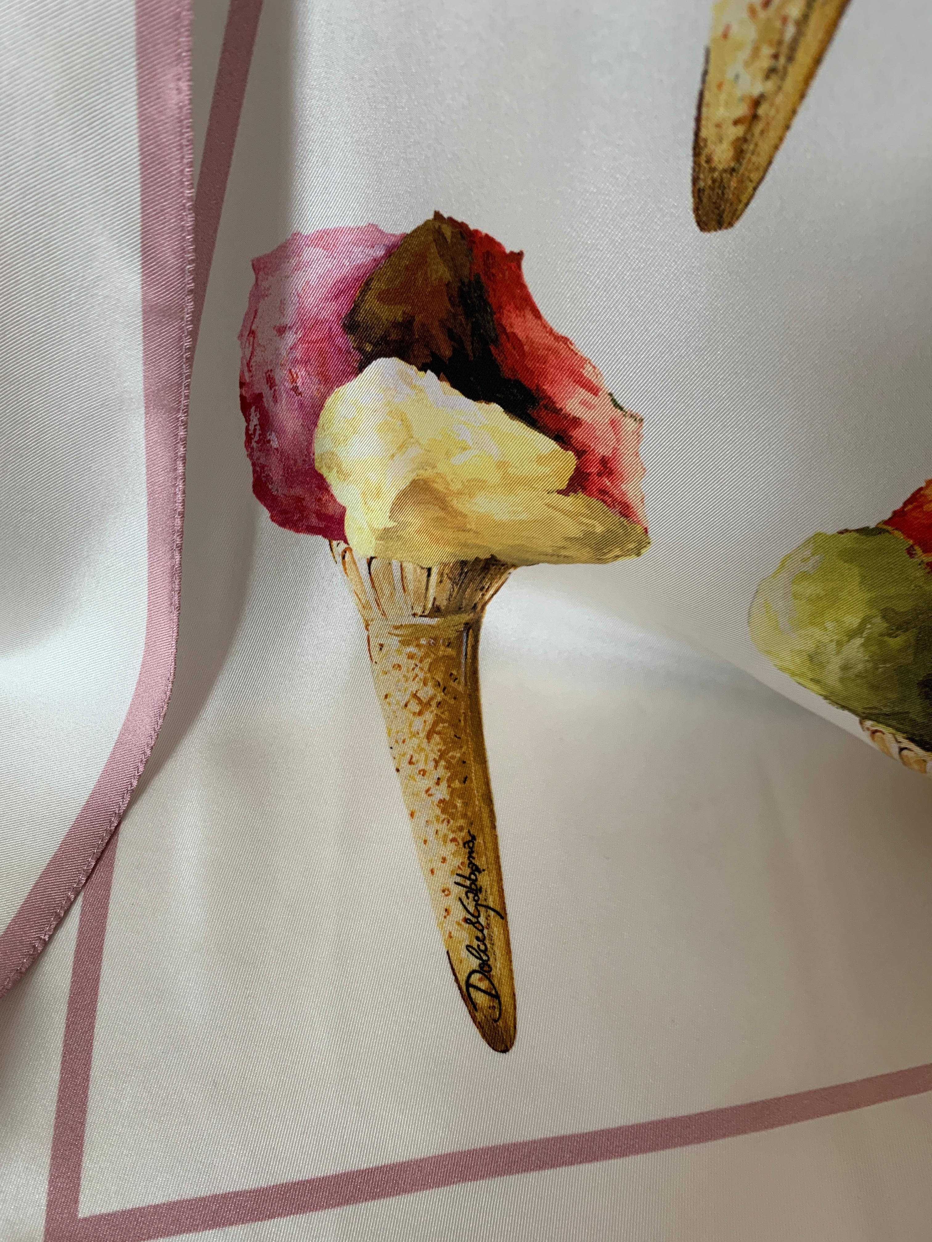 Dolce & Gabbana Gelato Ice Cream Print White Silk Maxi Kaftan Dress Long Sleeve In Good Condition In San Francisco, CA
