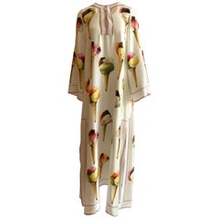 Dolce & Gabbana Gelato Ice Cream Print White Silk Maxi Kaftan Dress Long Sleeve