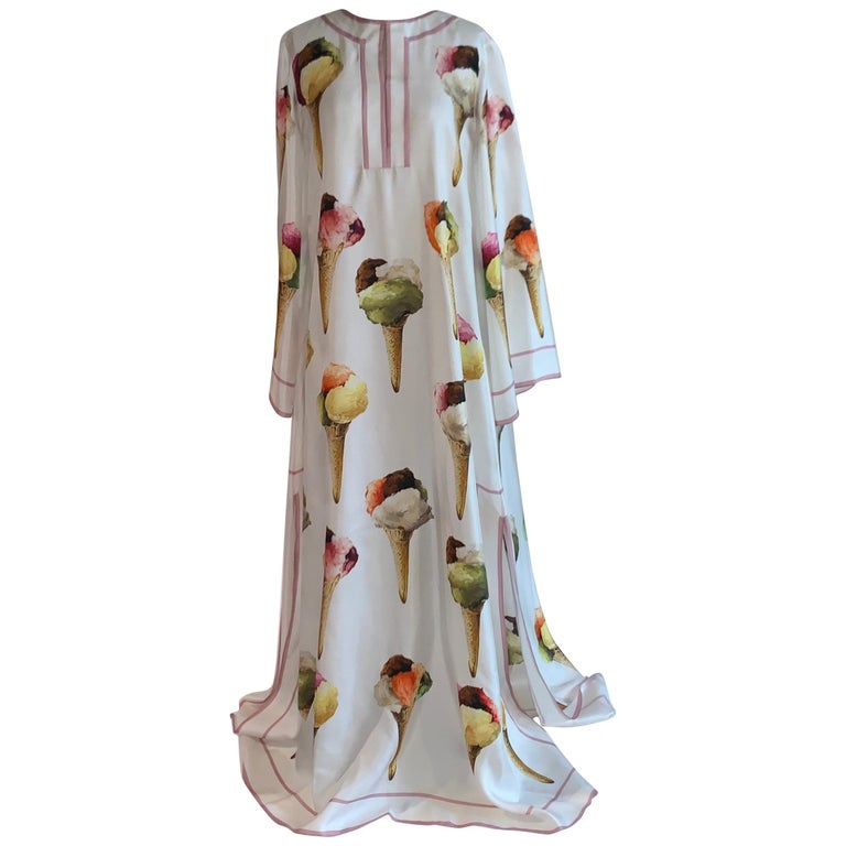 Dolce and Gabbana Gelato Ice Cream Print White Silk Maxi Kaftan Dress Long Sleeve at 1stDibs