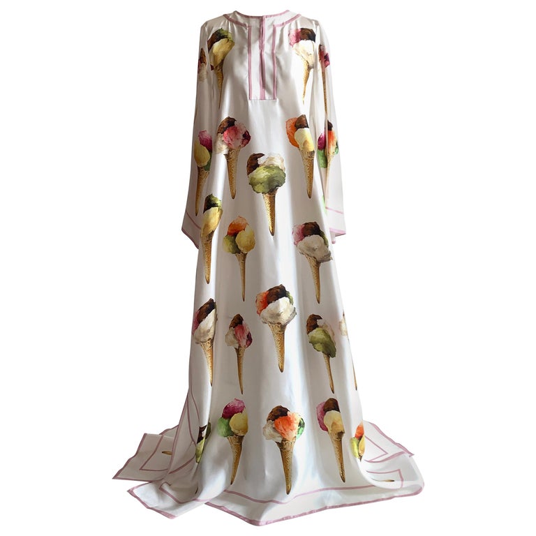 Dolce & Gabbana Gelato Ice Cream Print White Silk Maxi Kaftan Dress Long  Sleeve