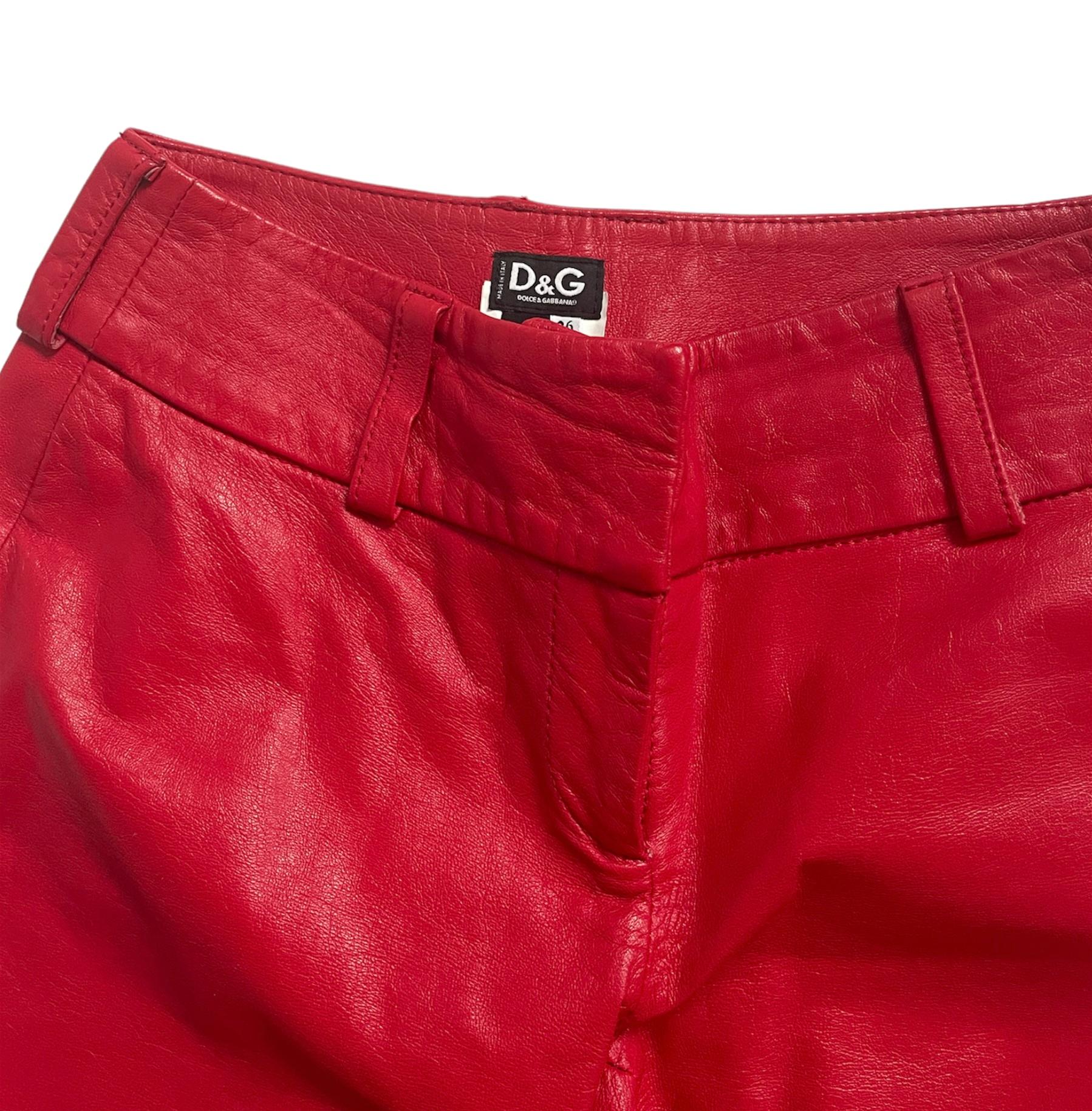 Dolce Gabbana Genuine Leather Cherry Red Y2K Trousers 26/40 For Sale 5