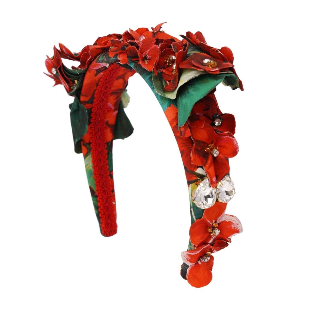 - Headband with geranium leaves, flowers and crystals in red and green by DOLCE & GABBANA - RUNWAY - Dolce&Gabbana Fashion Show - MADE IN ITALY - New with Tag - Composition: 100% Cotton - Color: Red / Green - Model: FY298Z-GD87U-HAV03 - Dimensions: