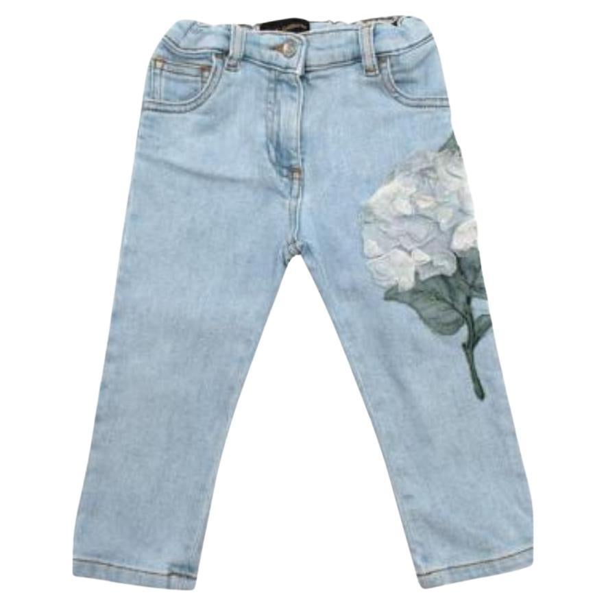 Dolce & Gabbana Girls Denim Flower Embroidered Jeans For Sale
