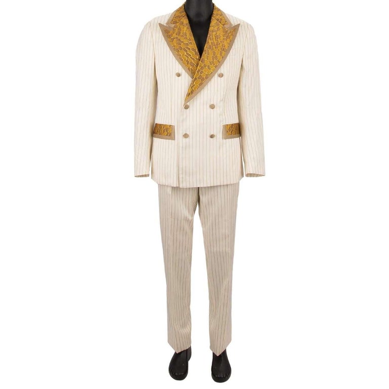 Dolce and Gabbana Glitter Jacquard Double breasted Striped Suit White