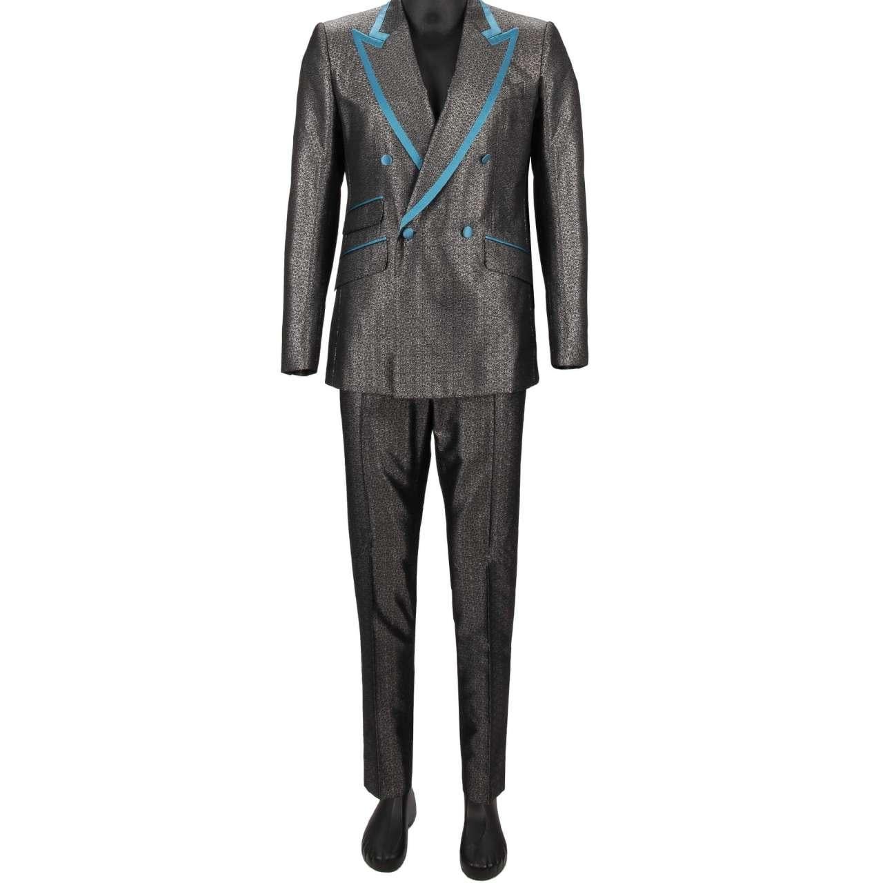 Dolce & Gabbana Glitter Jacquard Double breasted Suit Silver Blue 48 US 38 M For Sale 2