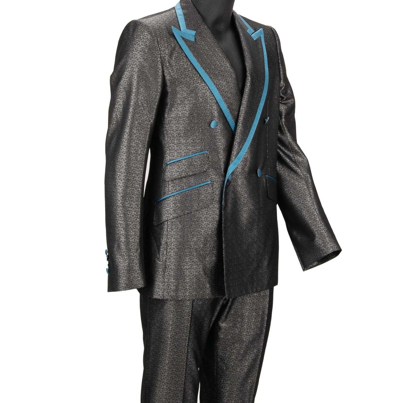 Dolce & Gabbana Glitter Jacquard Double breasted Suit Silver Blue 48 US 38 M For Sale 4