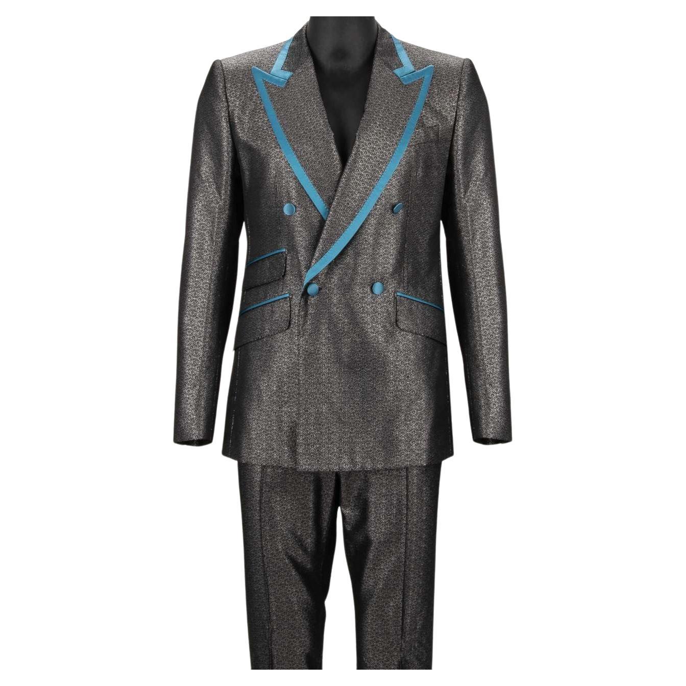 Dolce & Gabbana Glitter Jacquard Double breasted Suit Silver Blue 48 US 38 M For Sale