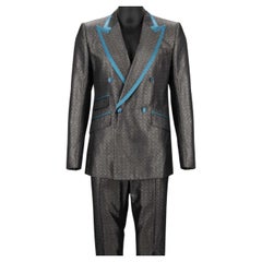 Dolce & Gabbana Glitter Jacquard Double breasted Suit Silver Blue 48 US 38 M