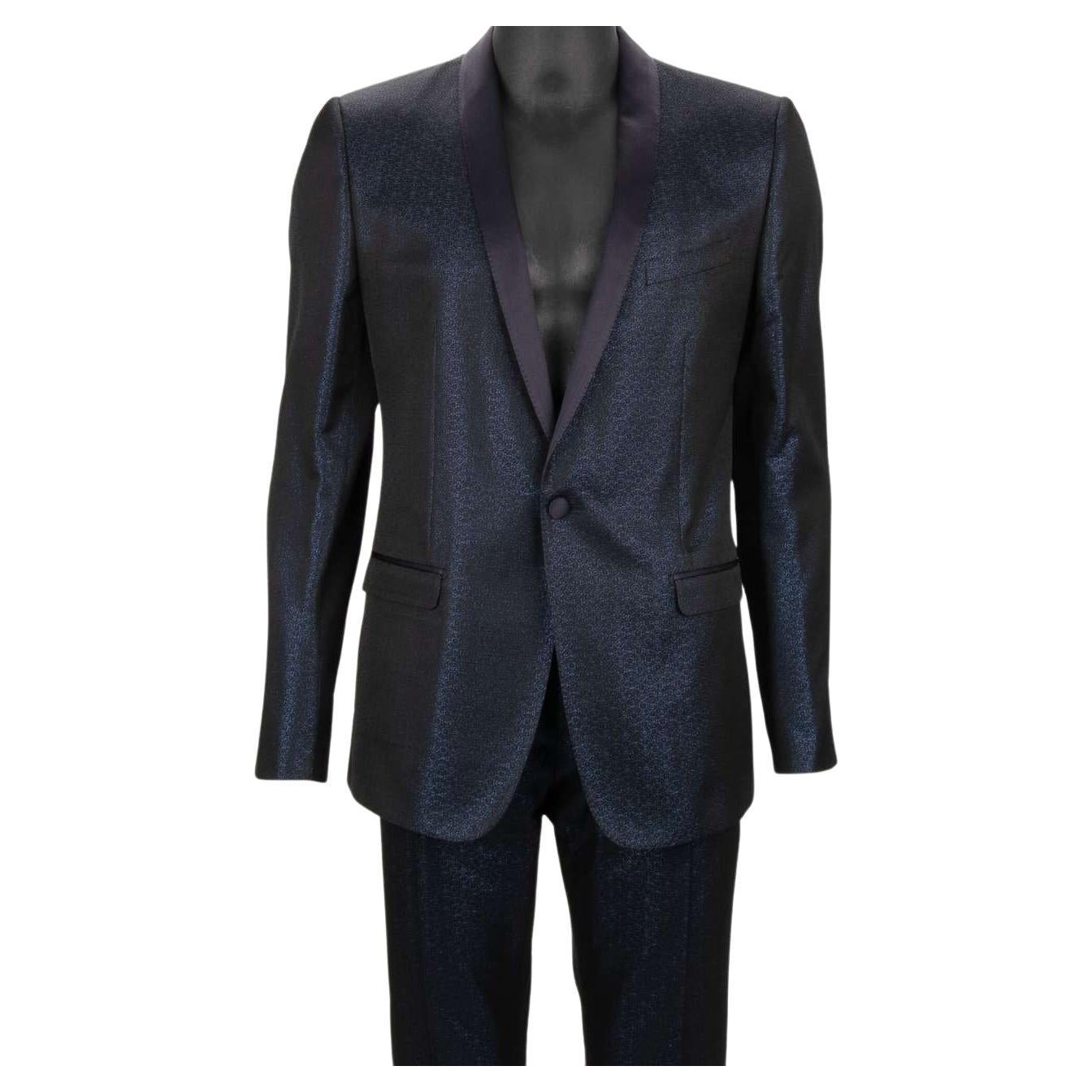 Dolce & Gabbana Glitter Jacquard Silk Shawl Lapel Suit GOLD Blue 50 40 M L For Sale