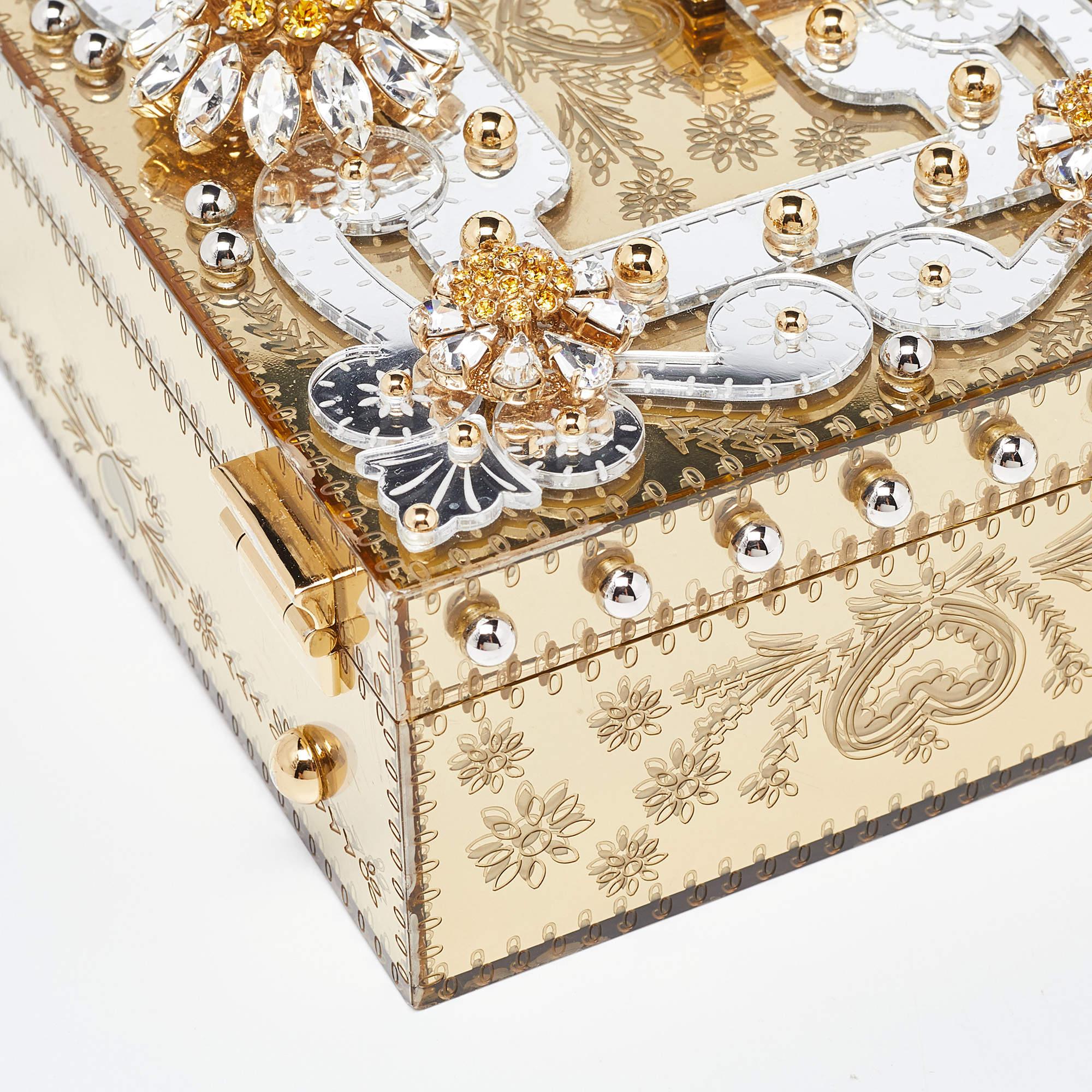 Dolce & Gabbana Gold Acrylic and Leather Crystal Embellished Dolce Box Bag For Sale 6