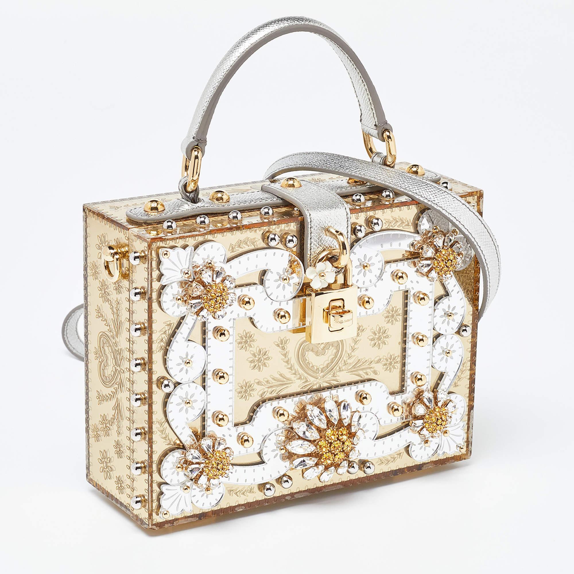 Dolce & Gabbana Gold Acrylic and Leather Crystal Embellished Dolce Box Bag In Good Condition For Sale In Dubai, Al Qouz 2