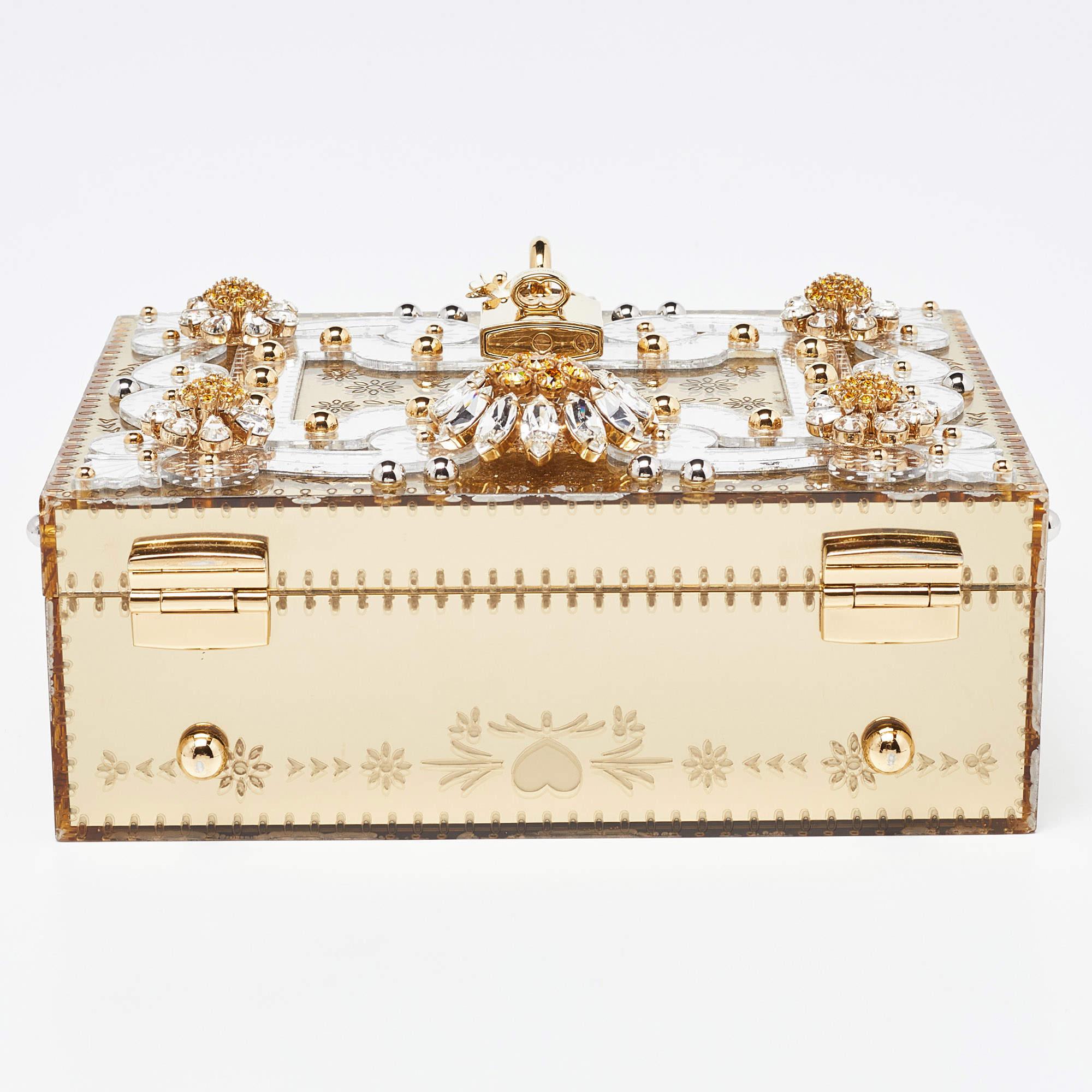 Dolce & Gabbana Gold Acrylic and Leather Crystal Embellished Dolce Box Bag For Sale 4