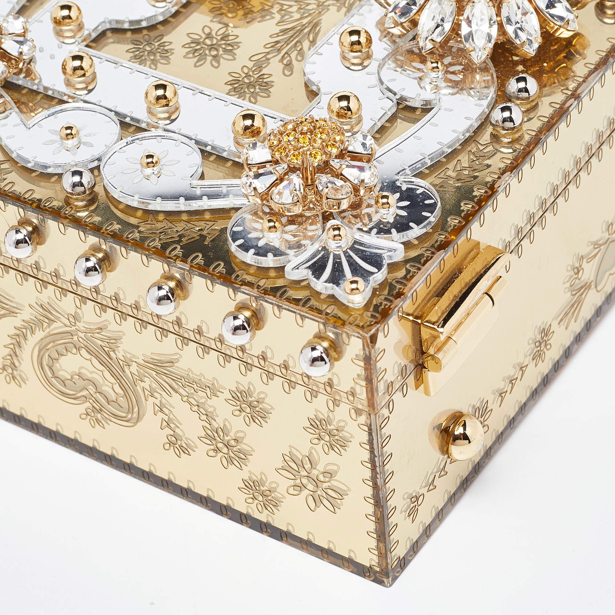 Dolce & Gabbana Gold Acrylic and Leather Crystal Embellished Dolce Box Bag For Sale 5